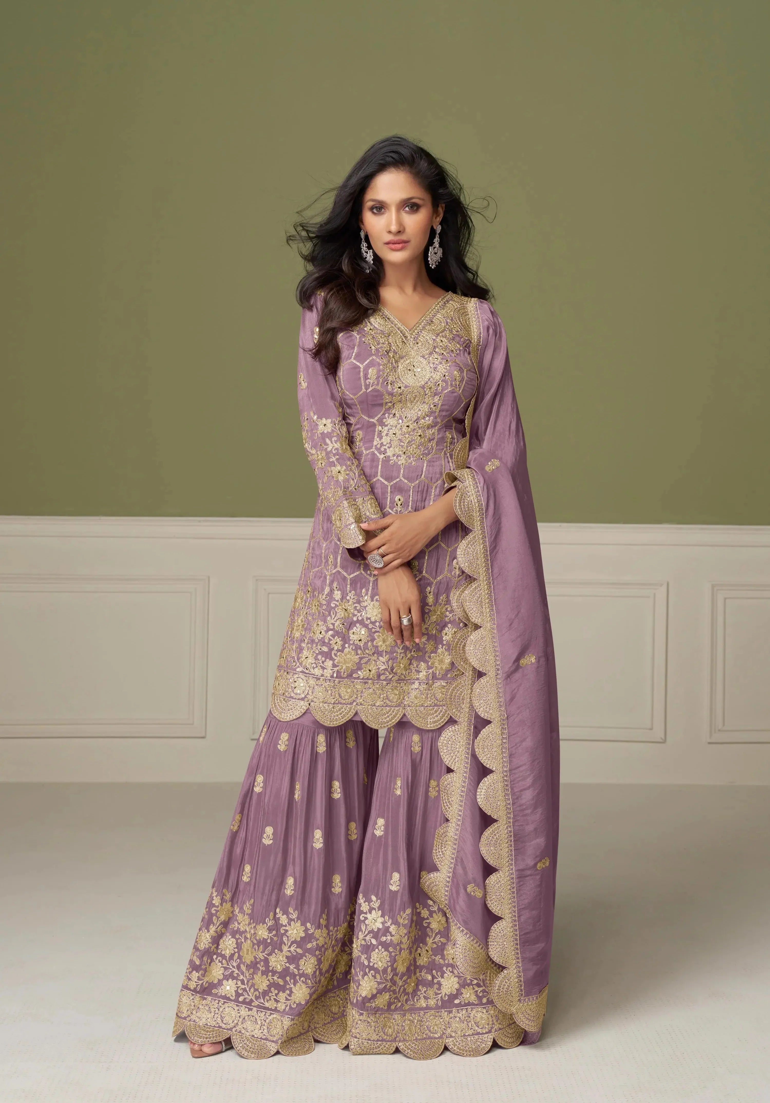 Dull Purple Shimmer Silk Sharara Suit With Mirror & Embroidery Work - qivii