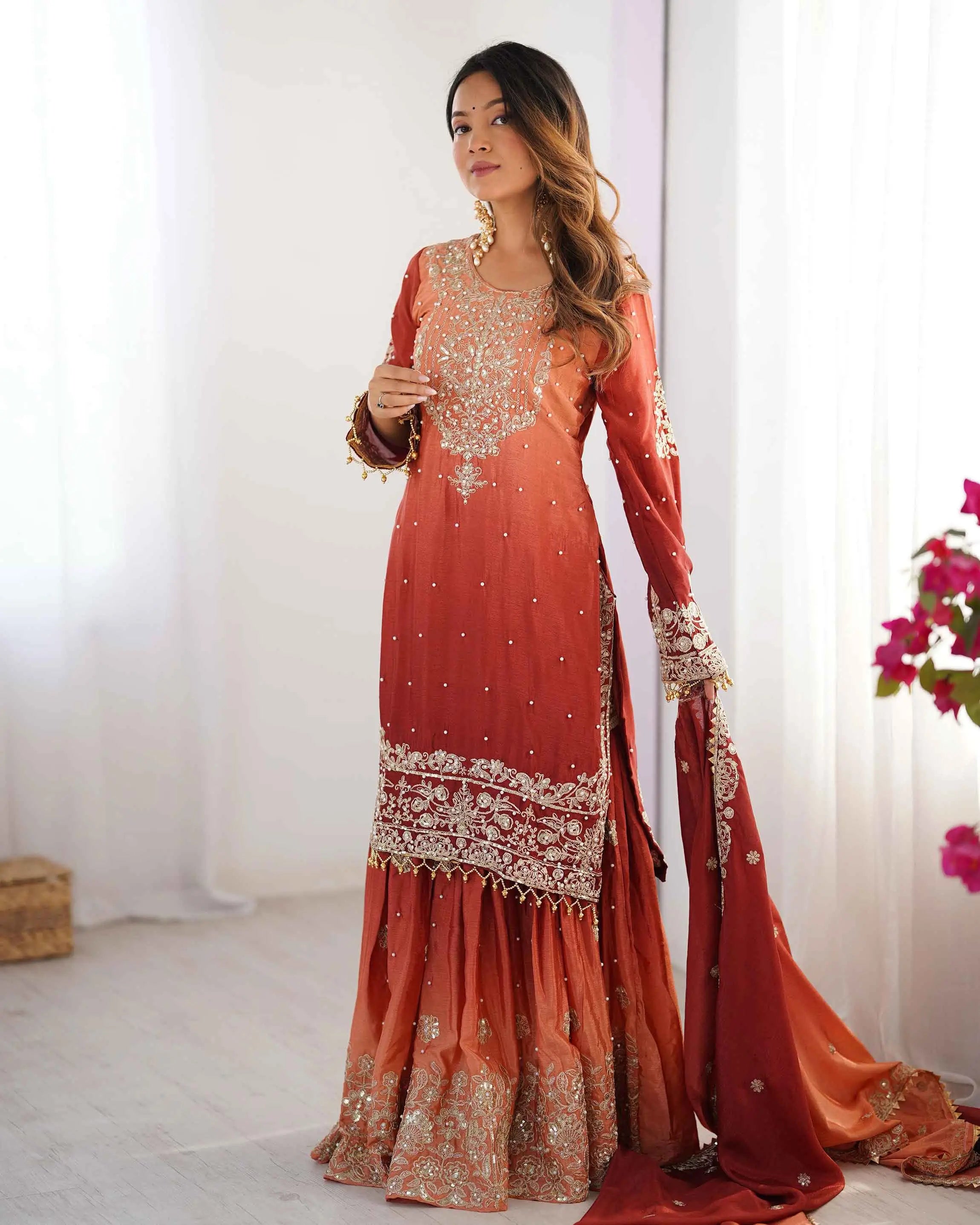 Peach Red Cording Sequins Work With Rivet Moti Sharara Set With Dupatta - qivii