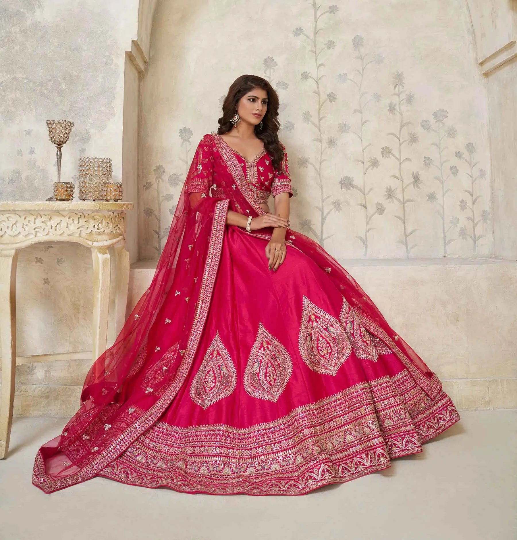 Pink Wedding Lehenga With Leaf Motifs - qivii