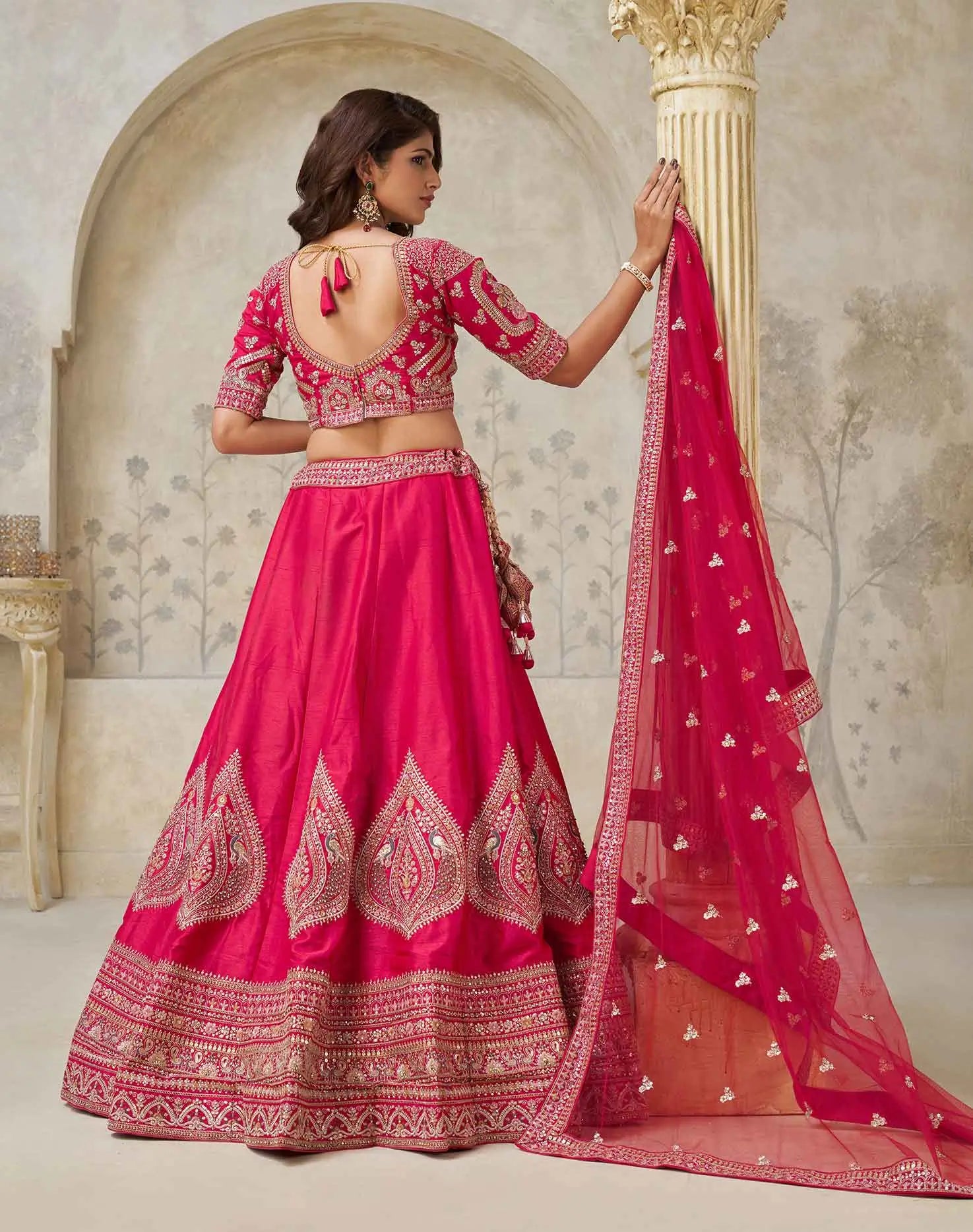 Pink Wedding Lehenga With Leaf Motifs - qivii