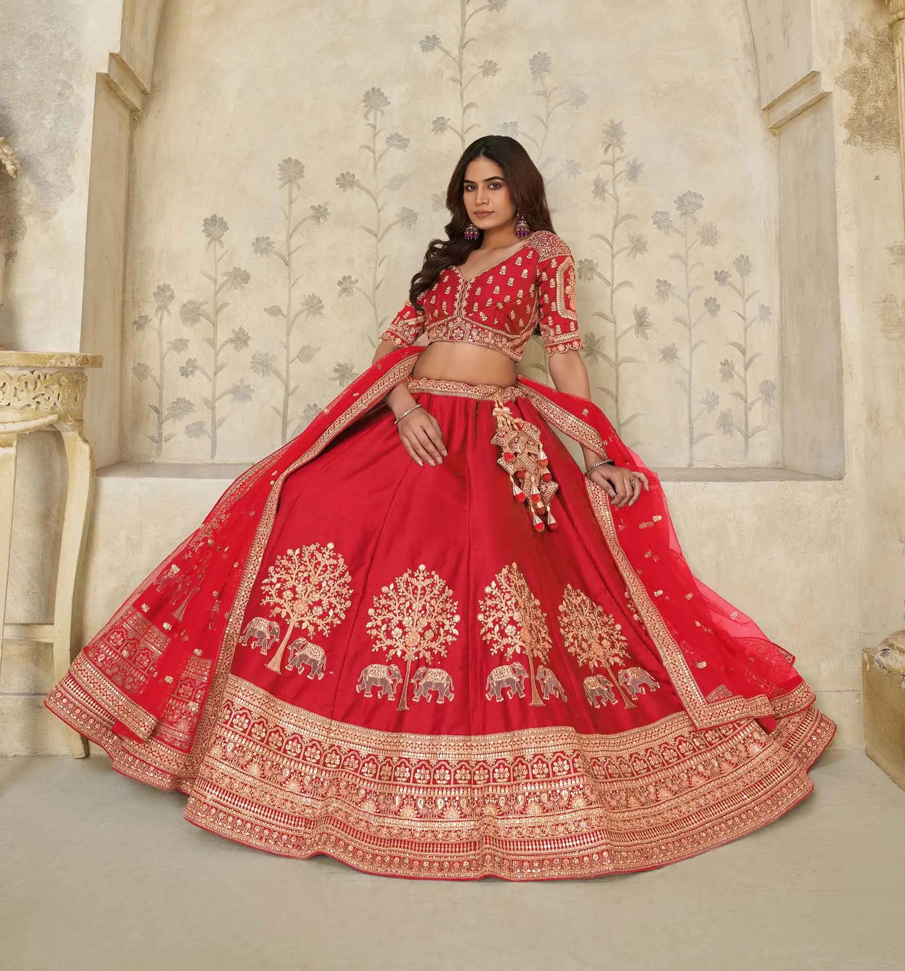 Red Bridal Lehenga Ensemble with Elephant Motifs - qivii
