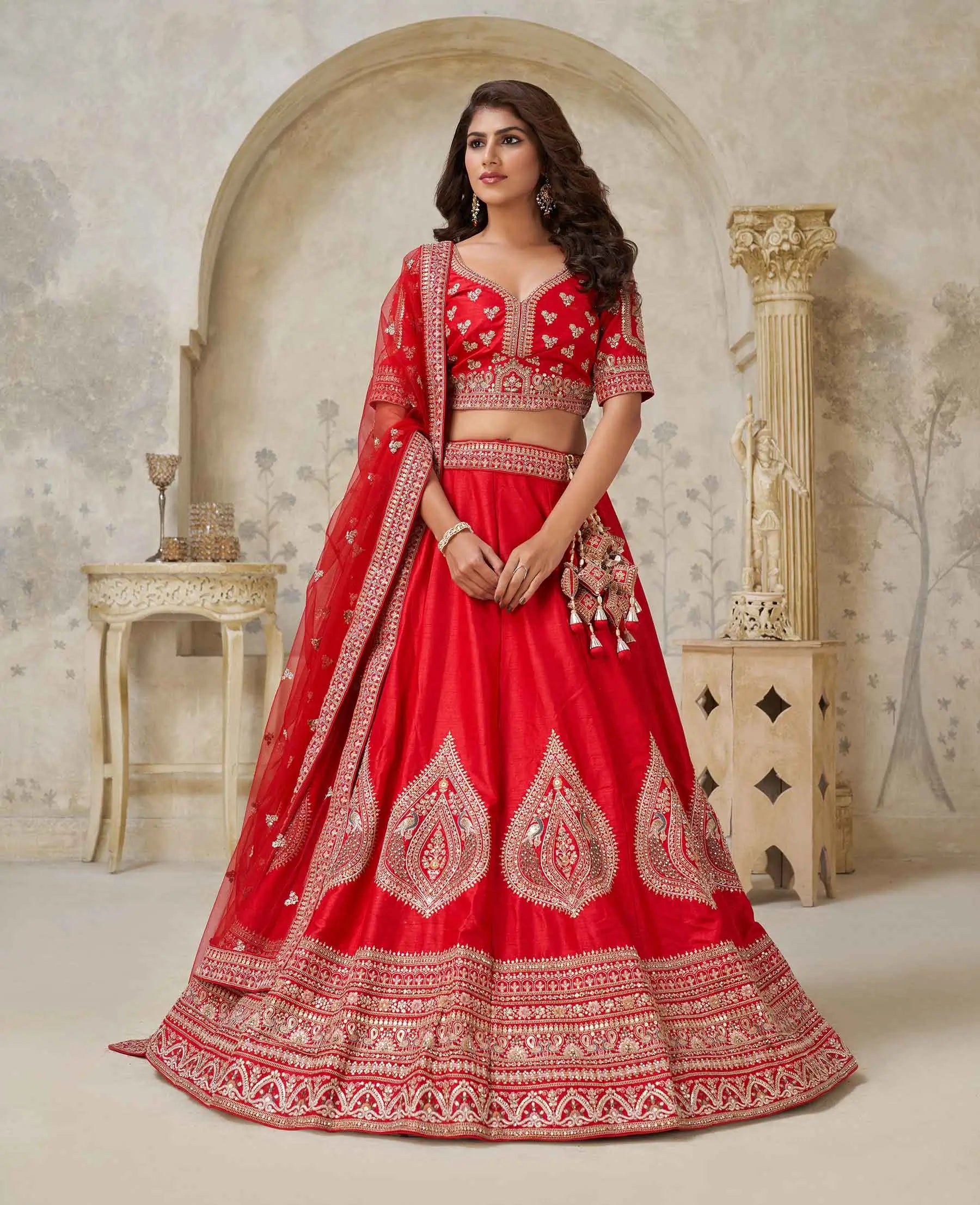 Red Wedding Silk Lehenga With Leaf Embroidery - qivii