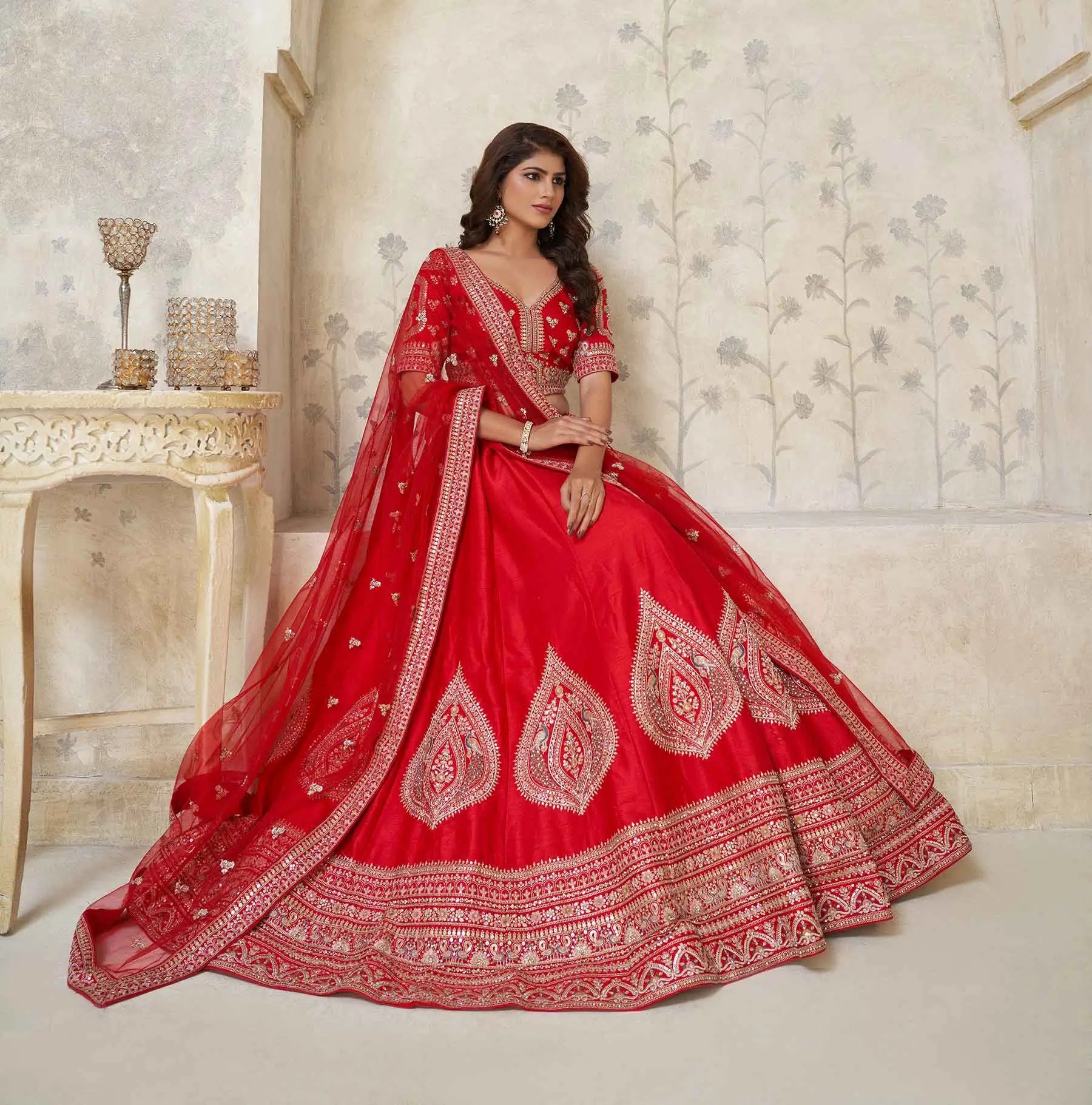 Red Wedding Silk Lehenga With Leaf Embroidery - qivii
