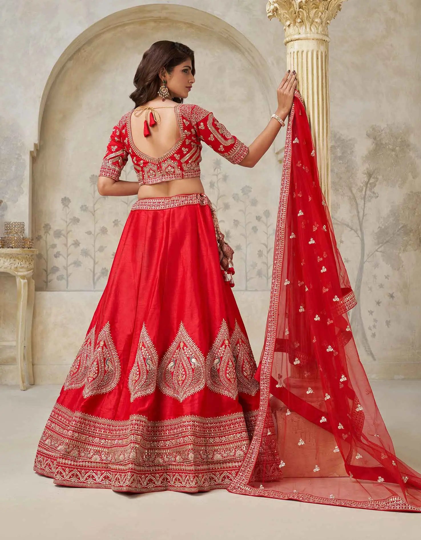 Red Wedding Silk Lehenga With Leaf Embroidery - qivii