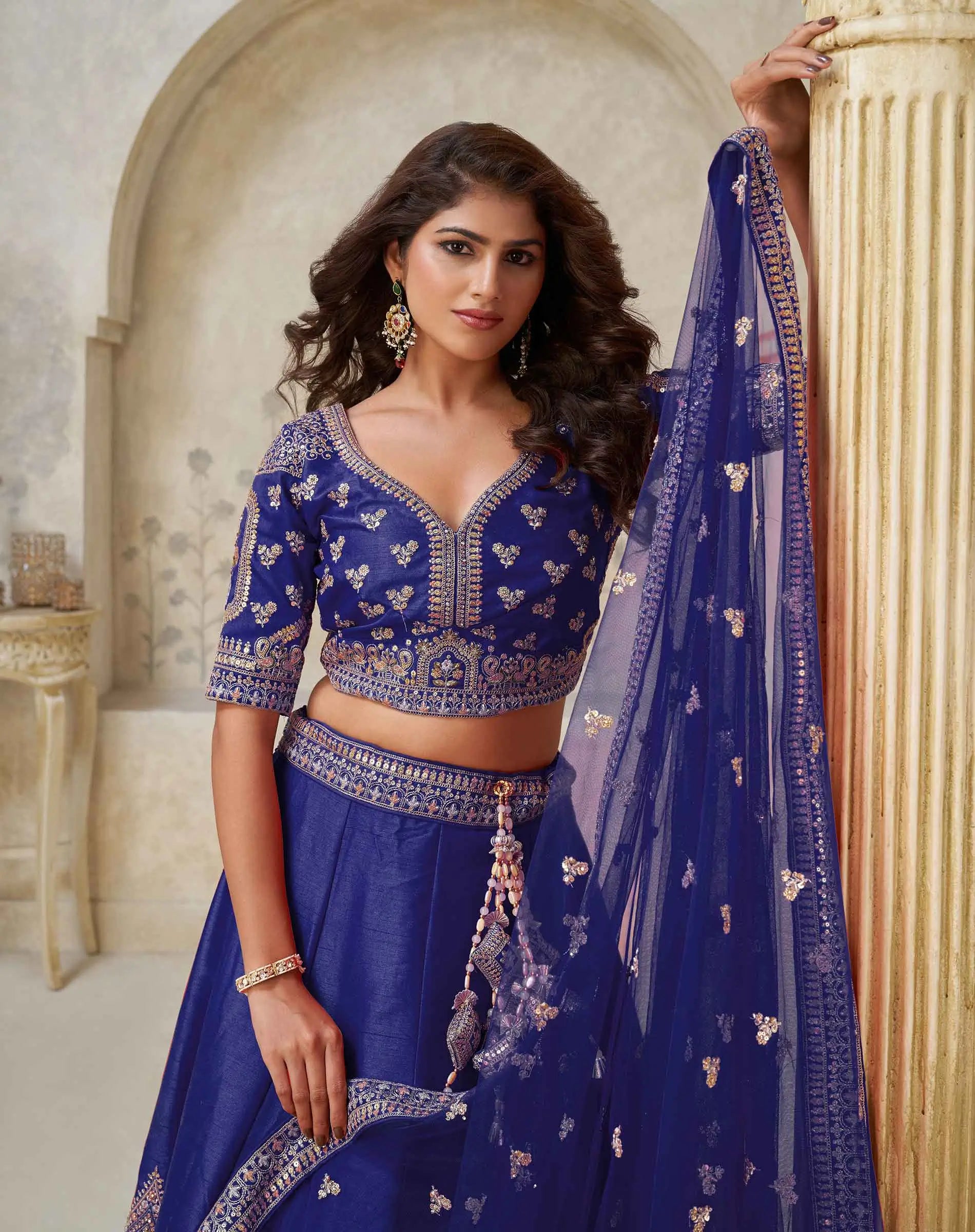 Royal Blue Bridal Lehenga With Zari Work - qivii