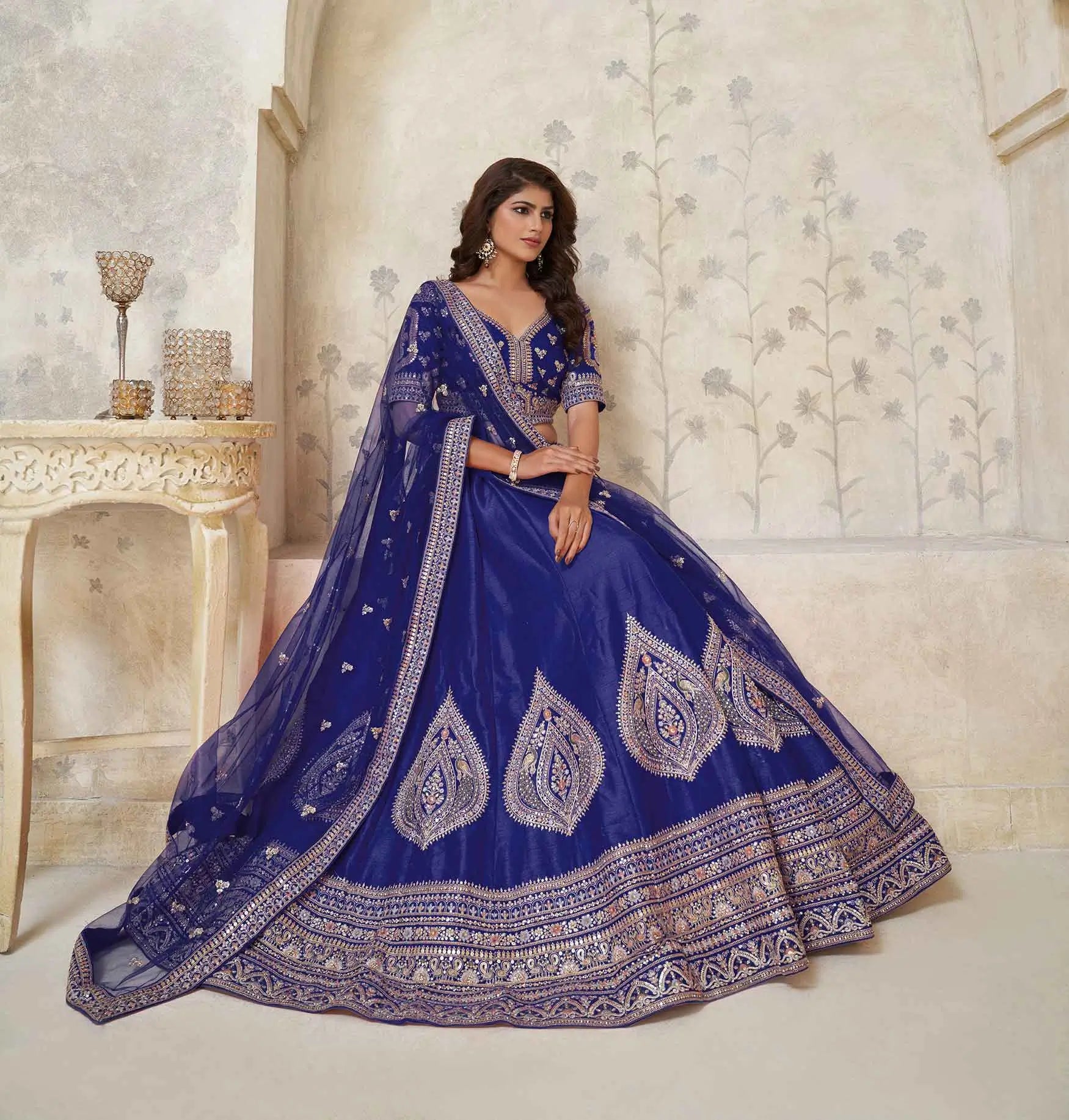 Royal Blue Bridal Lehenga With Zari Work - qivii