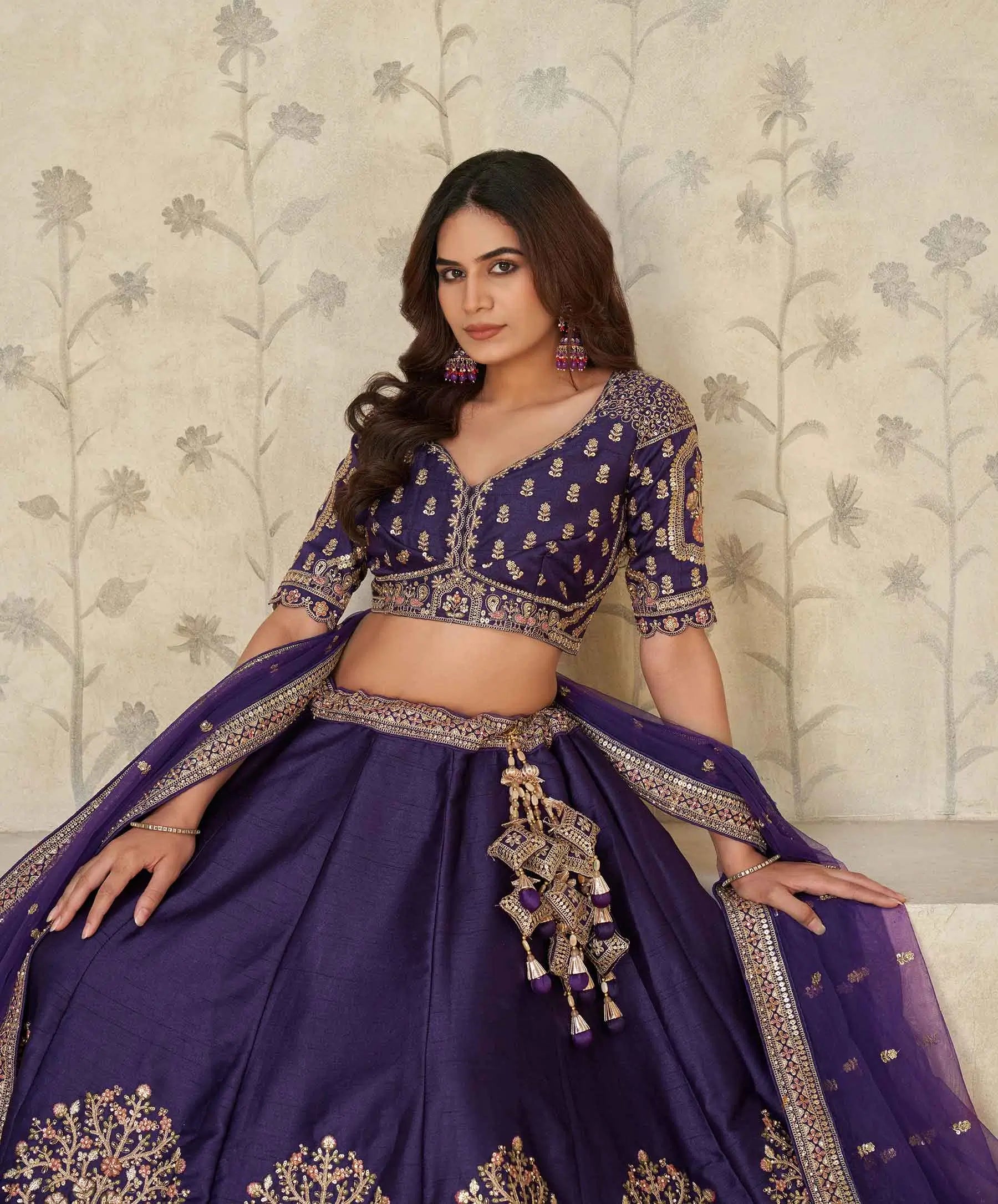 Royal Purple Wedding Lehenga with Elephant Motifs - qivii
