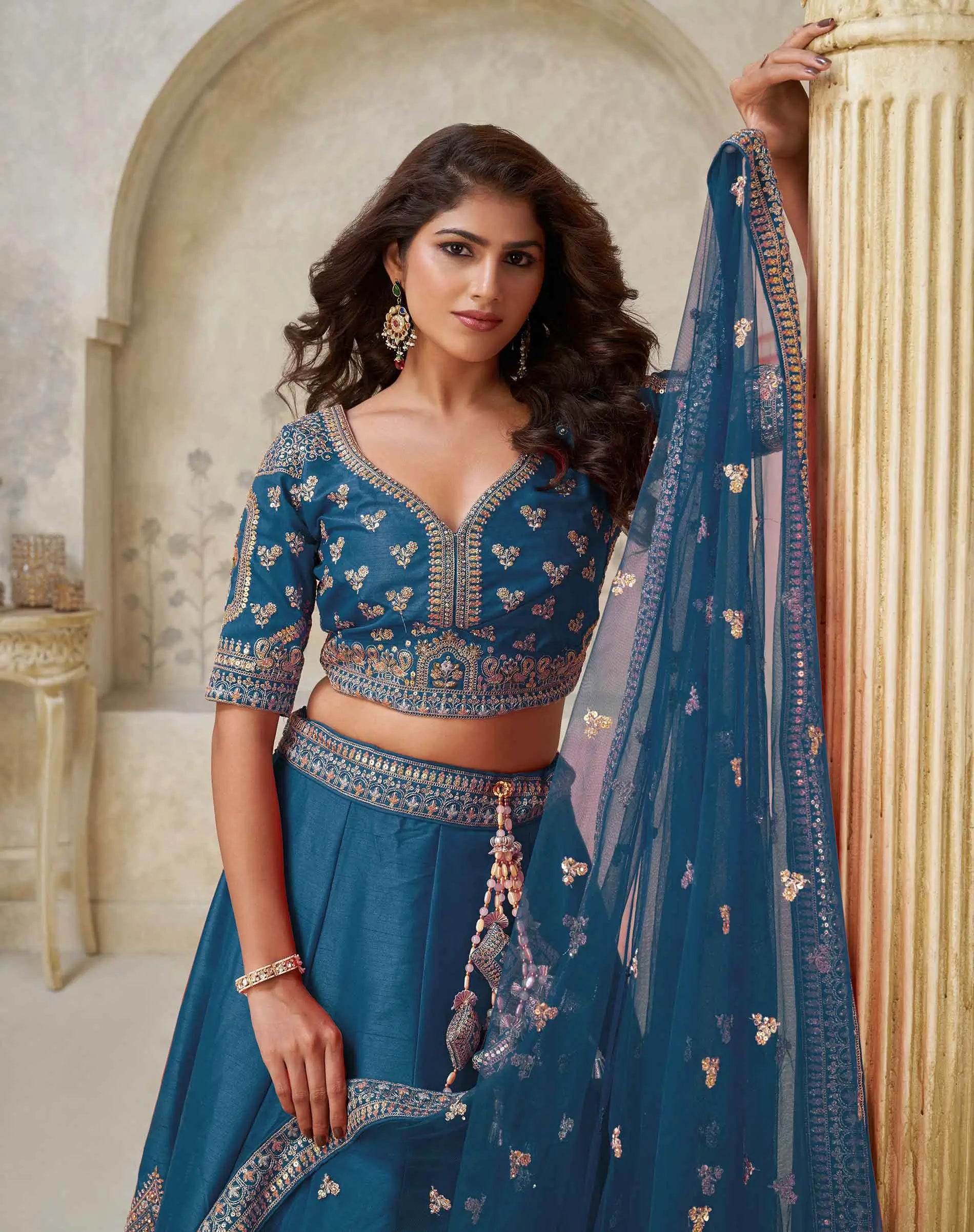Teal Blue Elegant Wedding lehenga With Zari Work - qivii