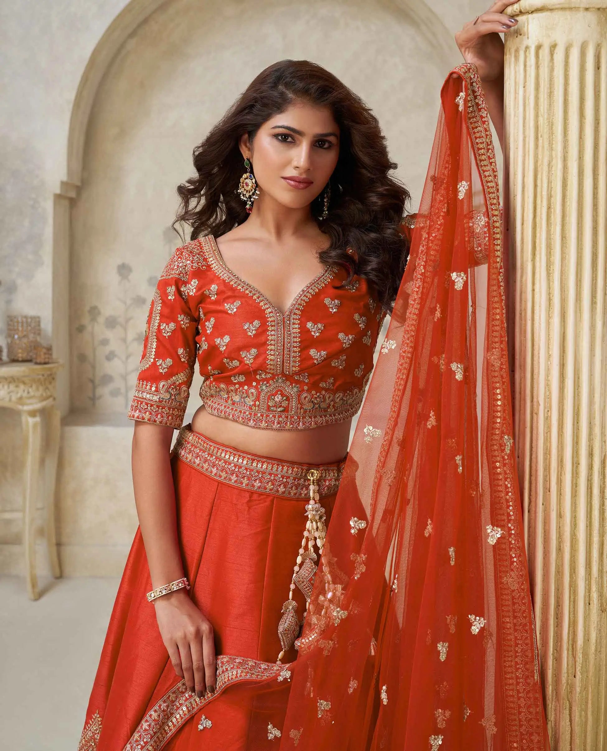 Trendy Rust Leaf Embroidery Wedding Lehenga - qivii