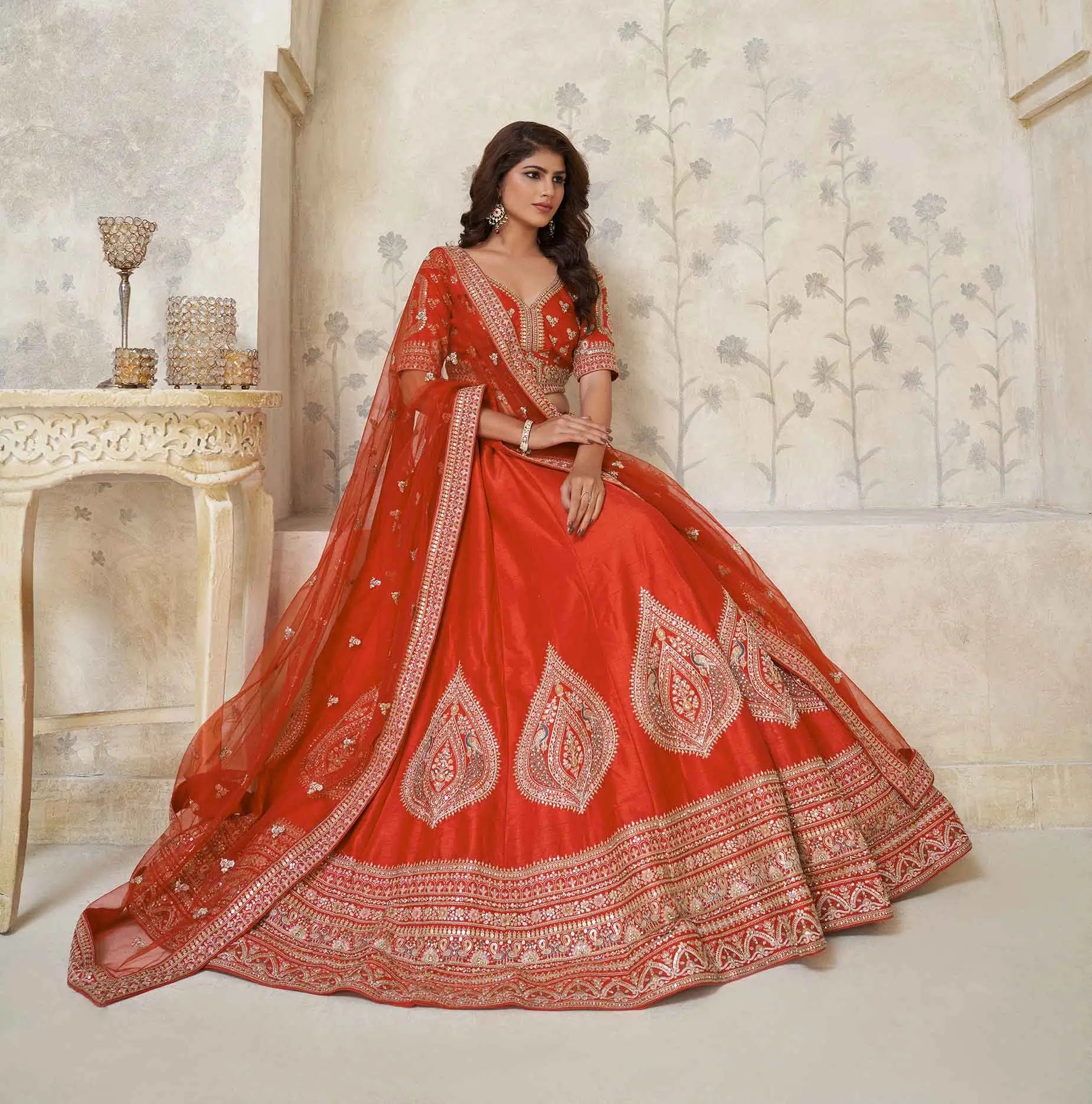 Trendy Rust Leaf Embroidery Wedding Lehenga - qivii