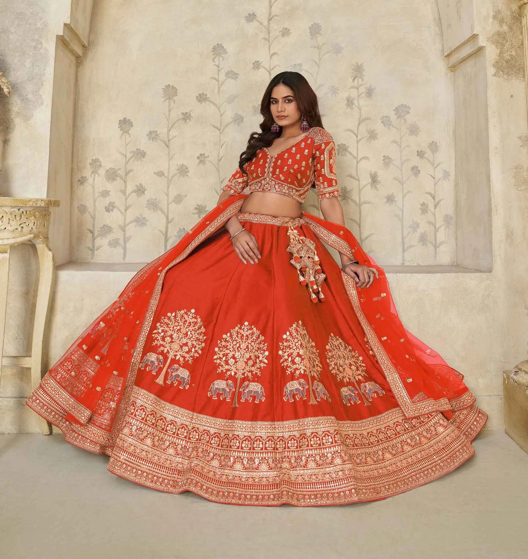Trendy Rust Wedding Lehenga with Elephant Motifs - qivii
