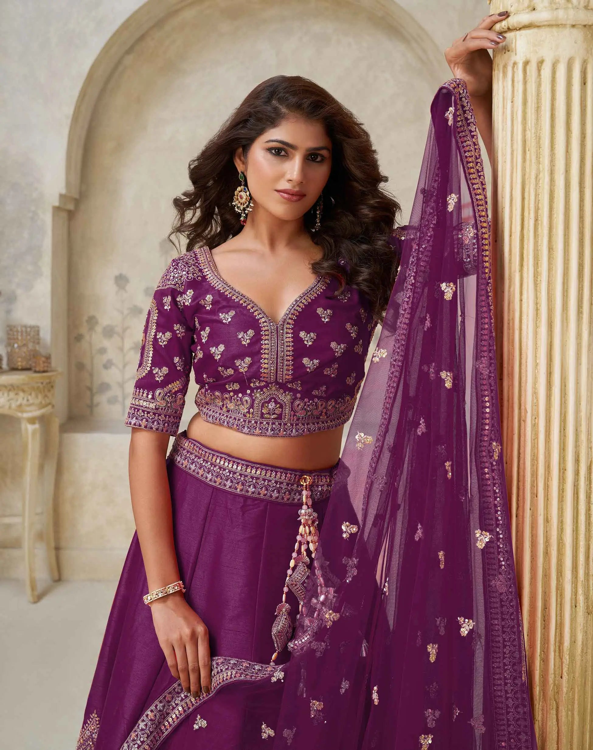 Wine Wedding Lehenga With Leaf Motifs - qivii