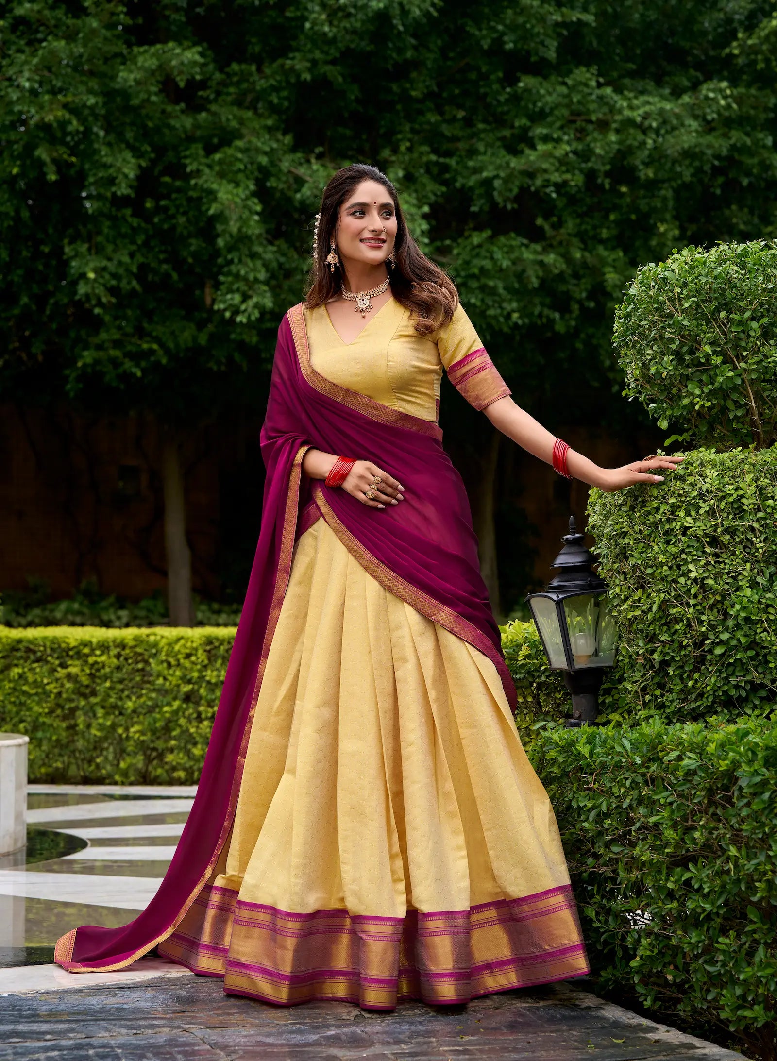 Beige-Dark Pink Zari Weaving Kanchipuram Lehenga Choli