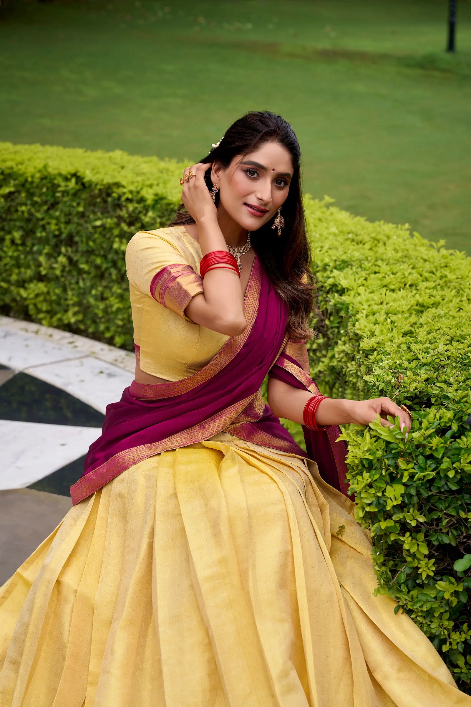Beige-Dark Pink Zari Weaving Kanchipuram Lehenga Choli