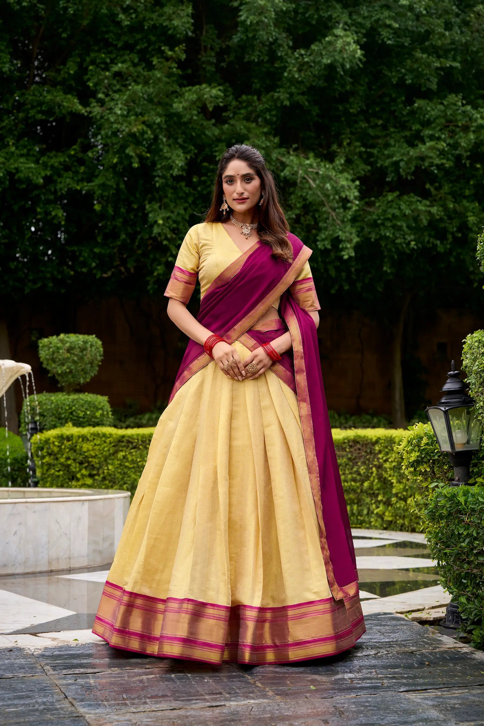 Beige-Dark Pink Zari Weaving Kanchipuram Lehenga Choli