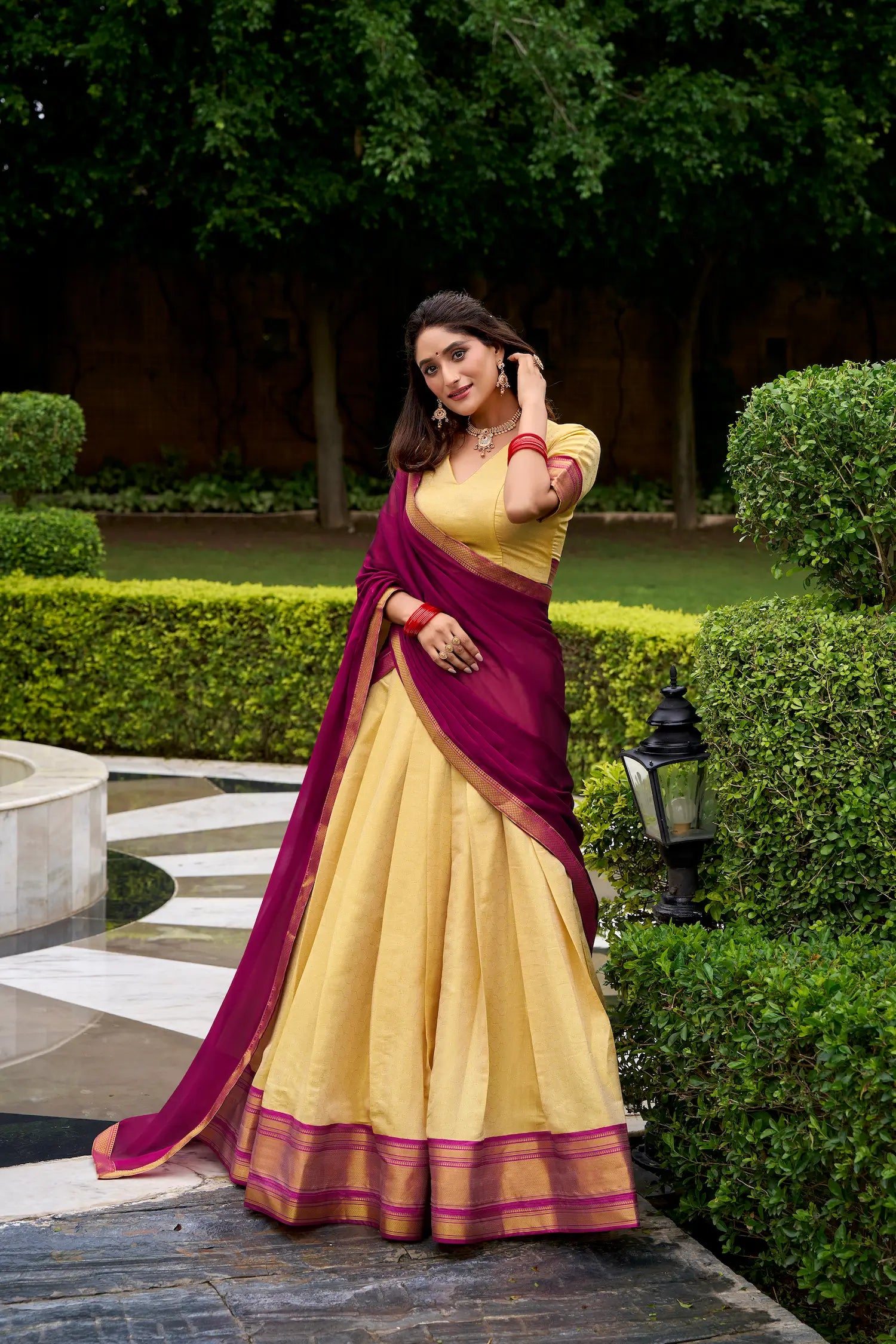 Beige-Dark Pink Zari Weaving Kanchipuram Lehenga Choli