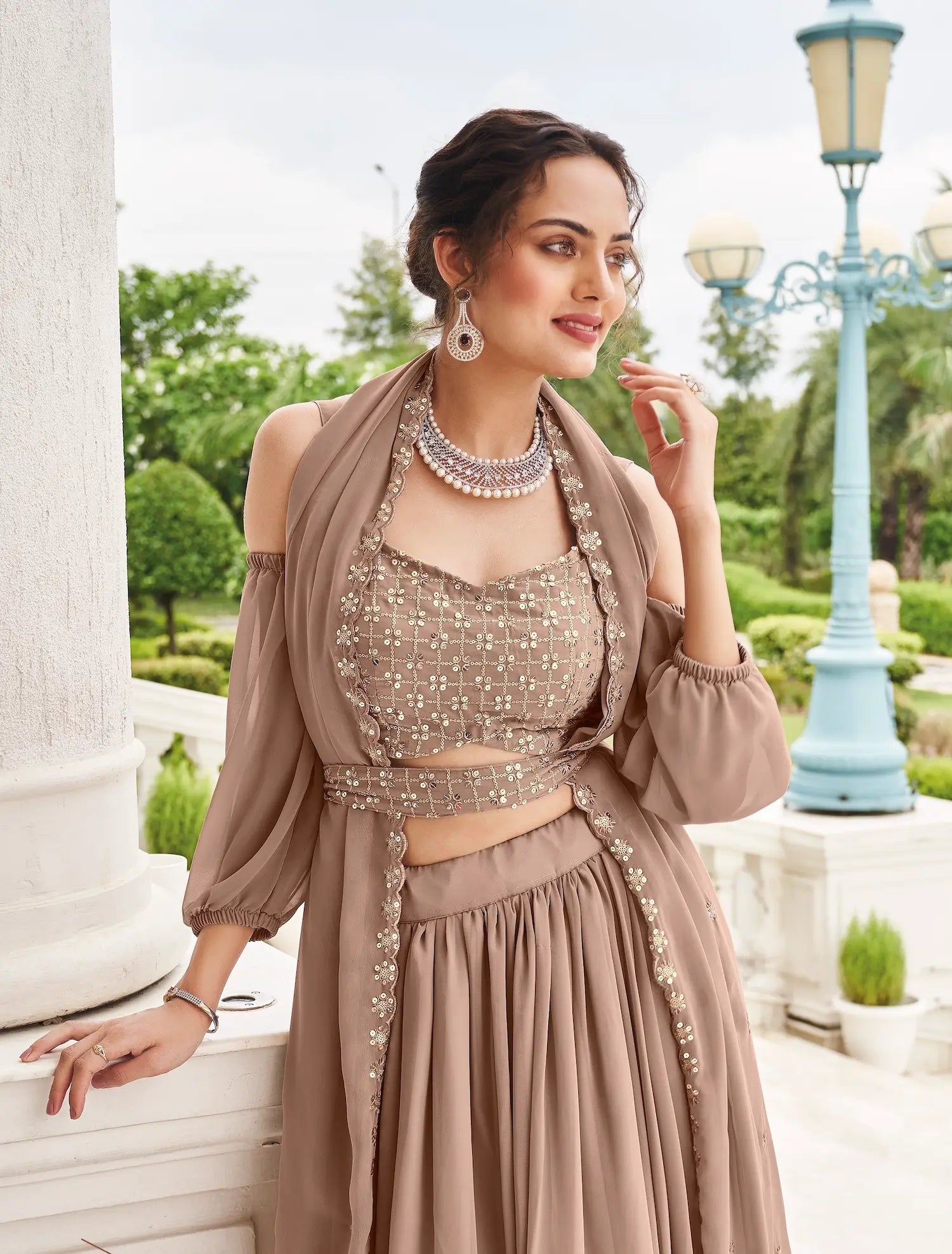 Beige Green Georgette Thread & Sequence Embroidery Work Lehenga Choli