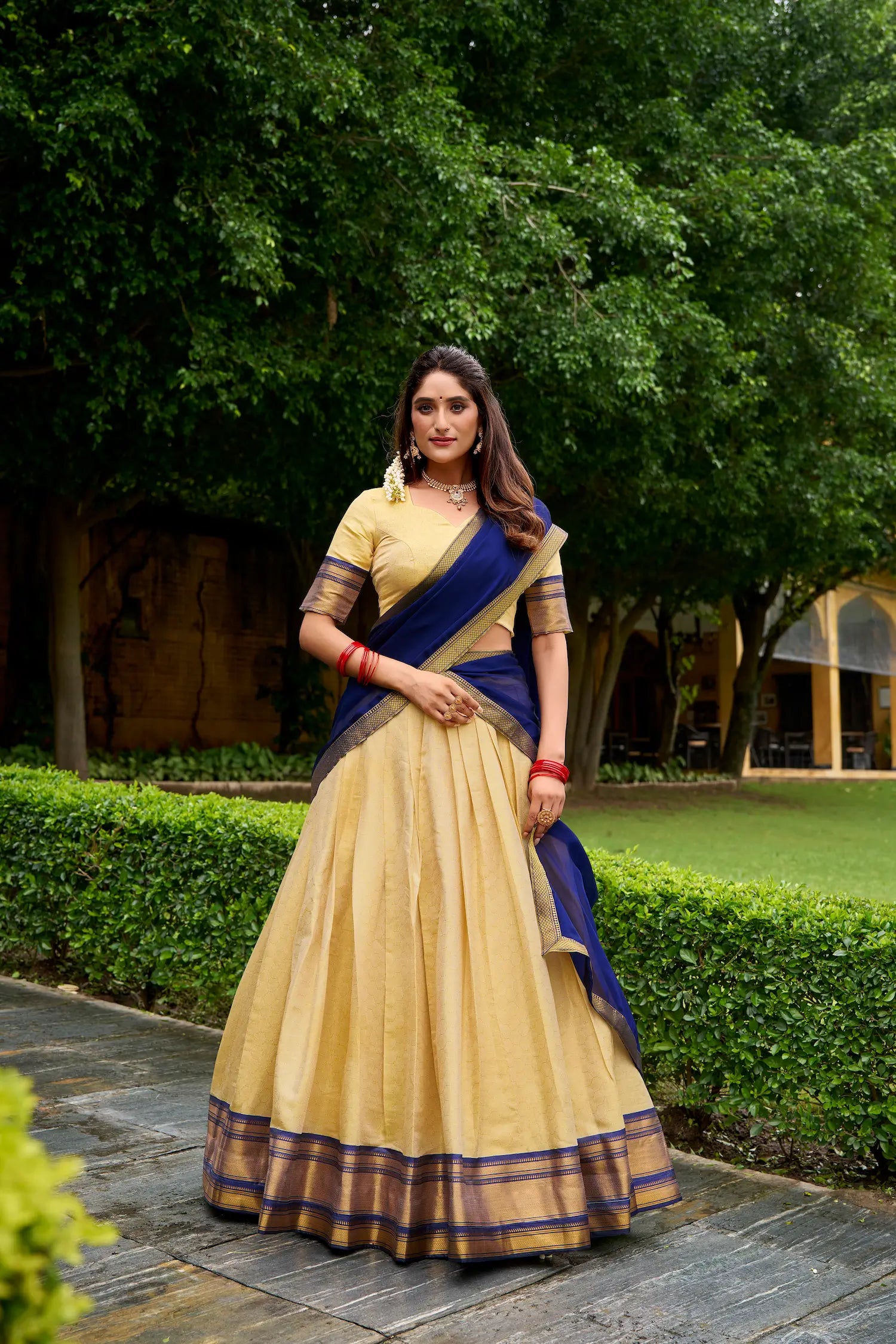 Beige-Navy Blue Zari Weaving Kanchipuram Lehenga Choli