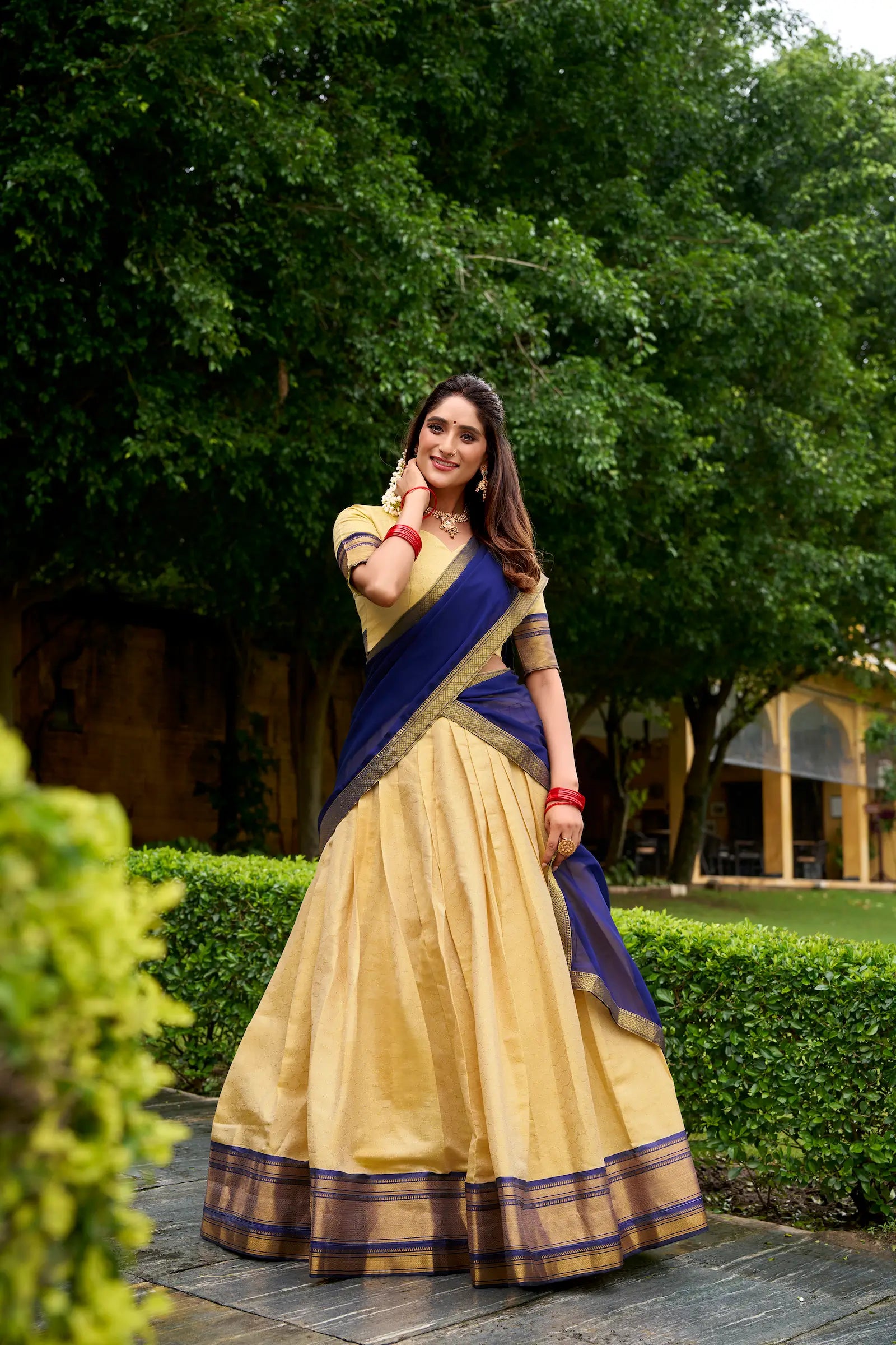 Beige-Navy Blue Zari Weaving Kanchipuram Lehenga Choli