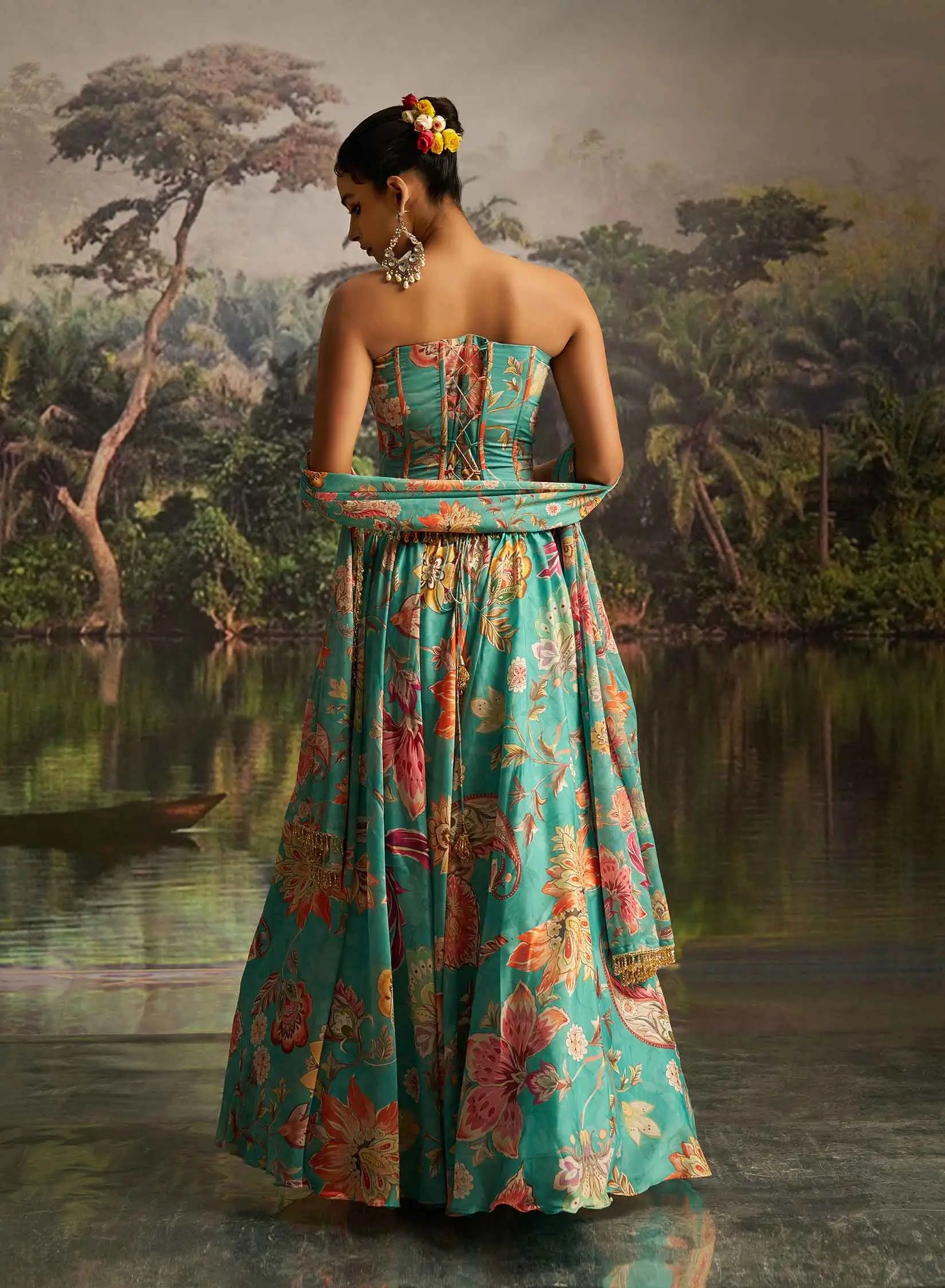 Mint Blue Floral print With Handwork Indo Western