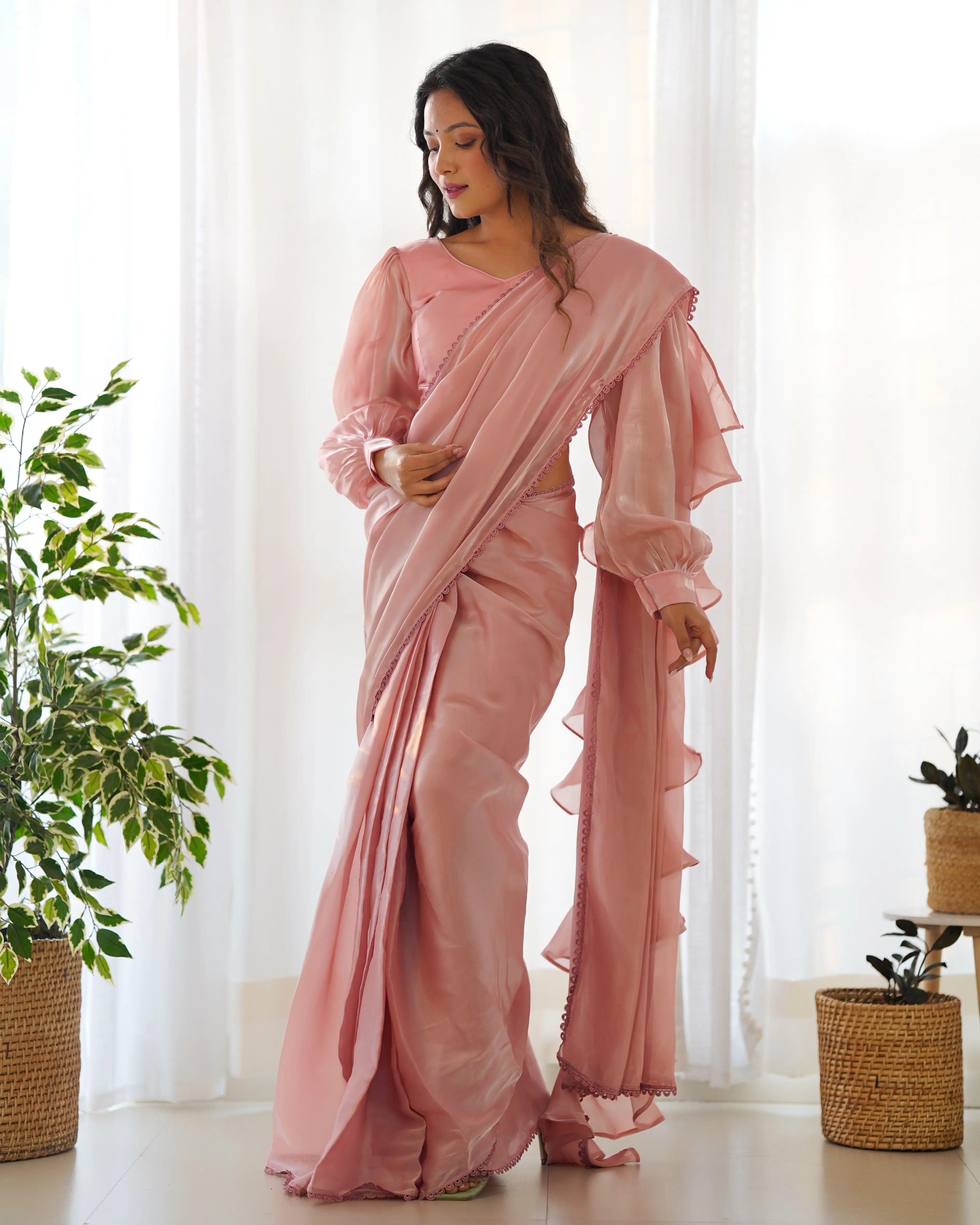 Peach Jimmy Choo Organza Pre Draped Ready To Wear Saree