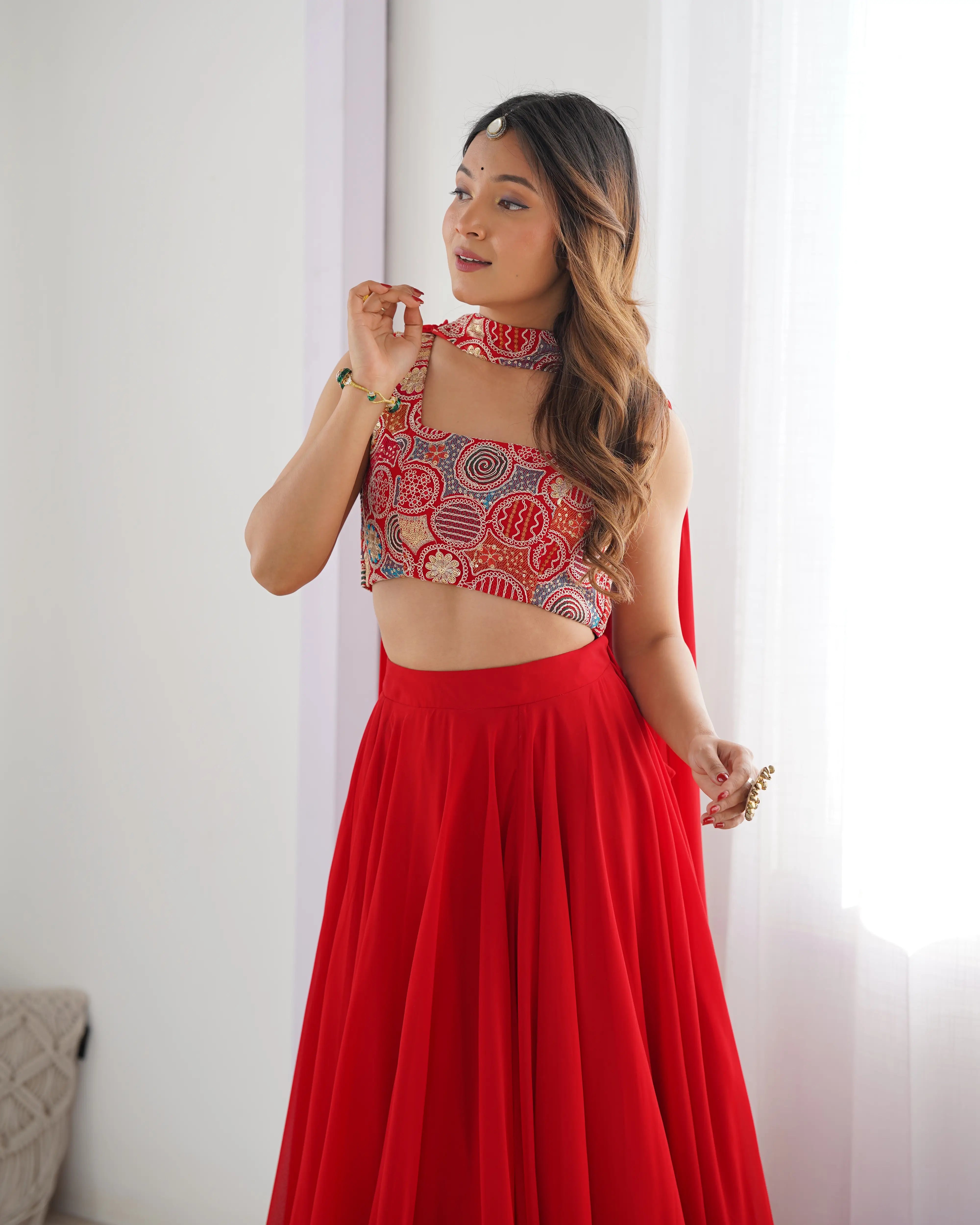 Red Georgette Lehenga With Embroidery Work With Neck Belt Dupatta