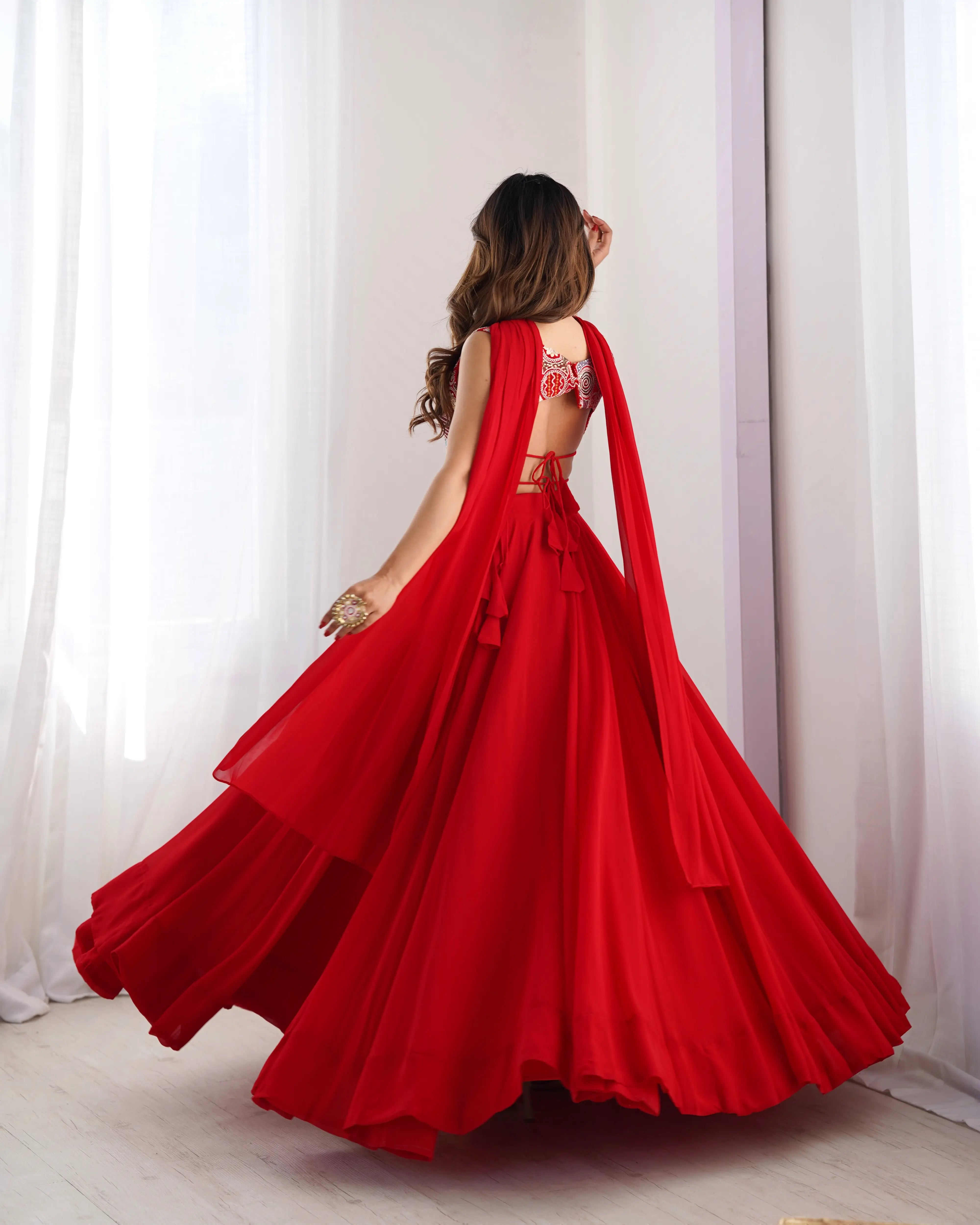 Red Georgette Lehenga With Embroidery Work With Neck Belt Dupatta
