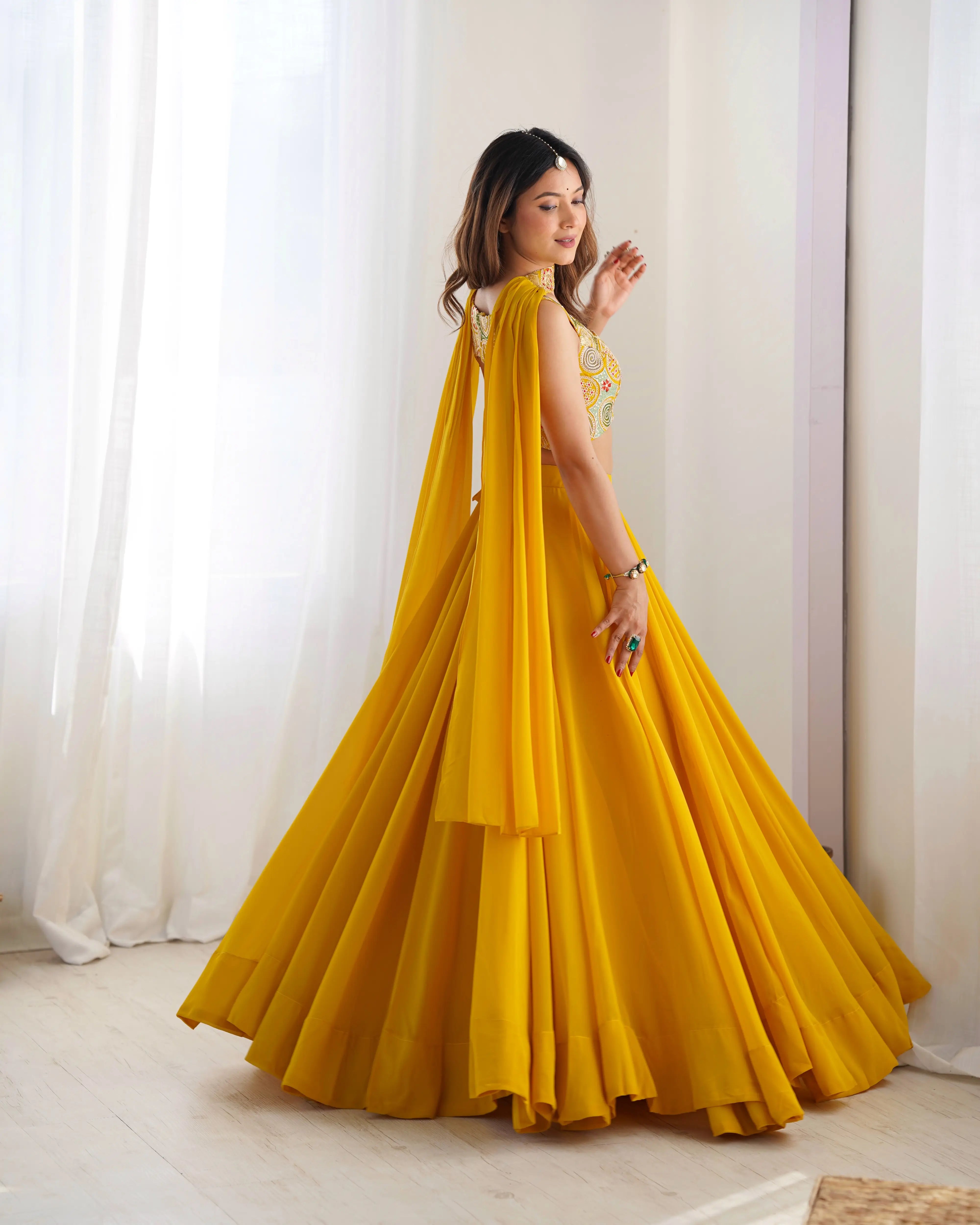 Yellow Georgette Lehenga With Embroidery Work With Neck Belt Dupatta