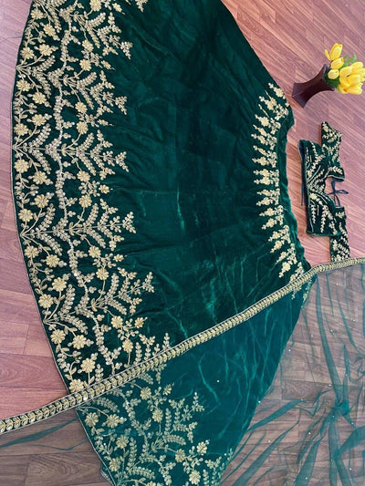 Green Art velvet Embroidered Full Stitched Lehenga With Stitched Blouse - qivii