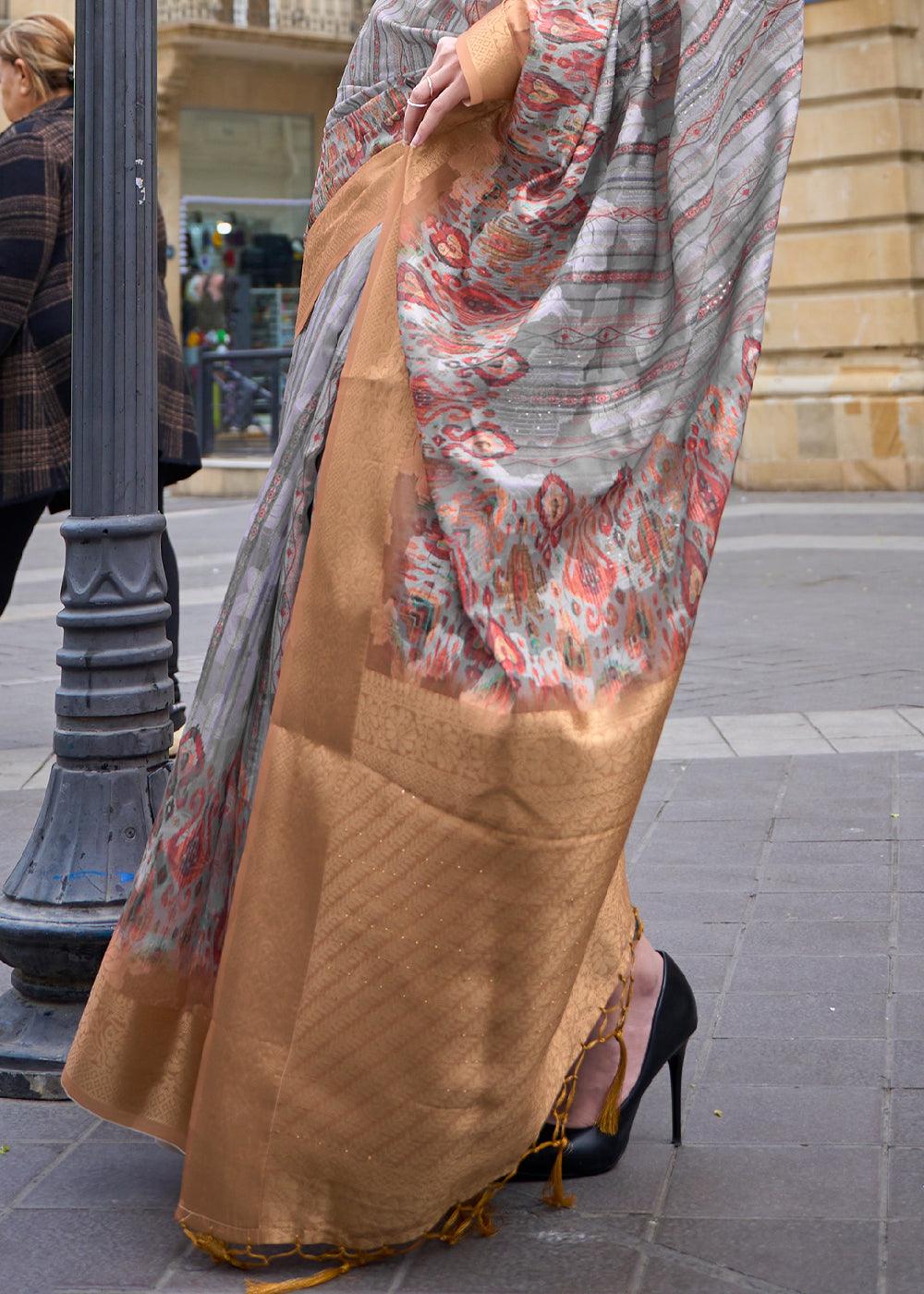 Grey & Orange Printed Soft Silk Saree - qivii