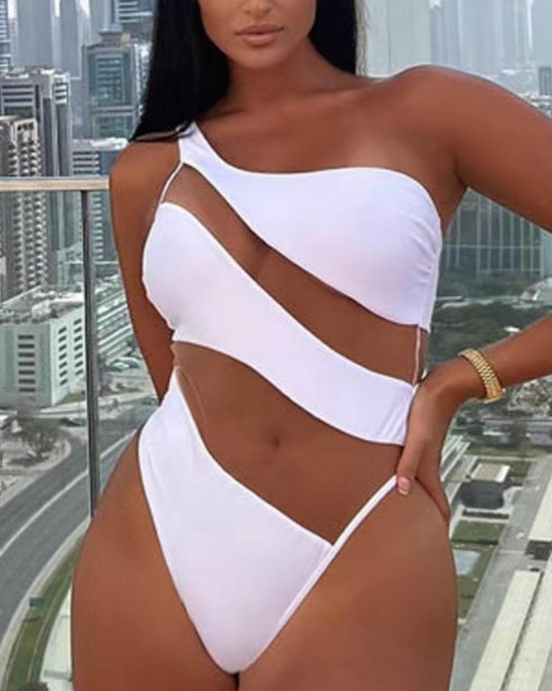 Sexy Off Shoulder Transparent Mesh Panel One Piece Swimsuit - By Qivii