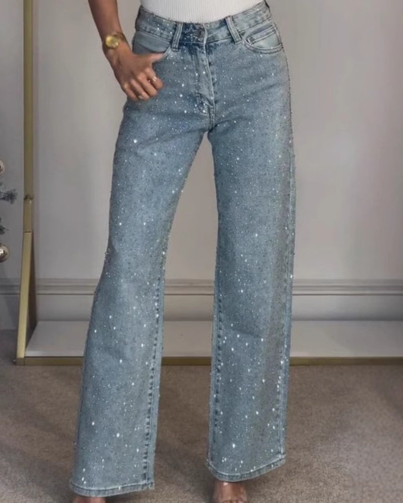 Women's Fashion Rhinestone Embellished Straight Leg Denim Jeans - By Qivii