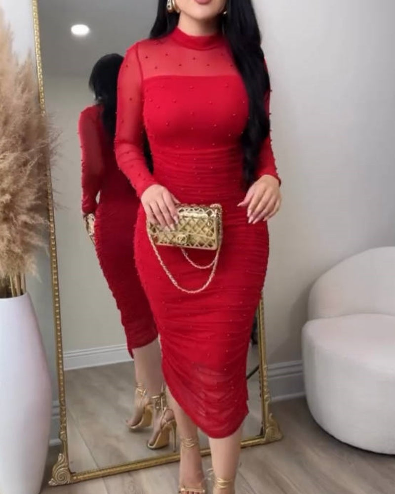 Elegant Mesh Paneled Ruched Bodycon Midi Dress with Mock Neck - By Qivii