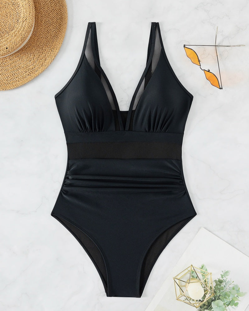 Sexy Deep V Mesh Backless One Piece Shapewear Swimsuit - By Qivii