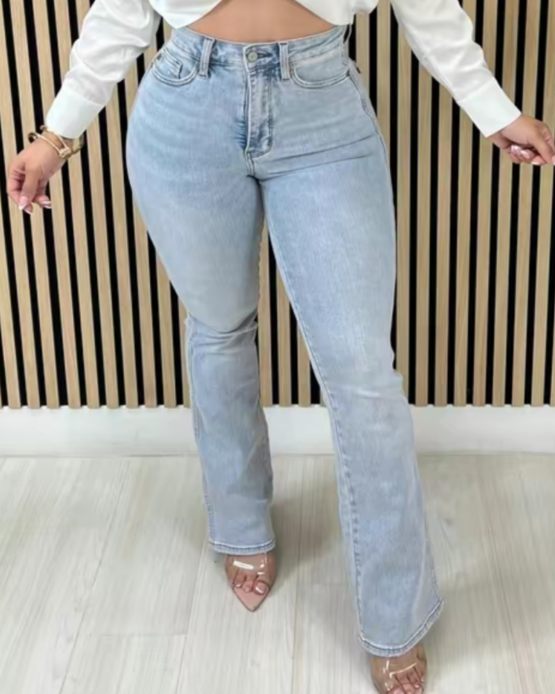 Stylish Washed High Rise Tummy Control Flared Jeans - By Qivii