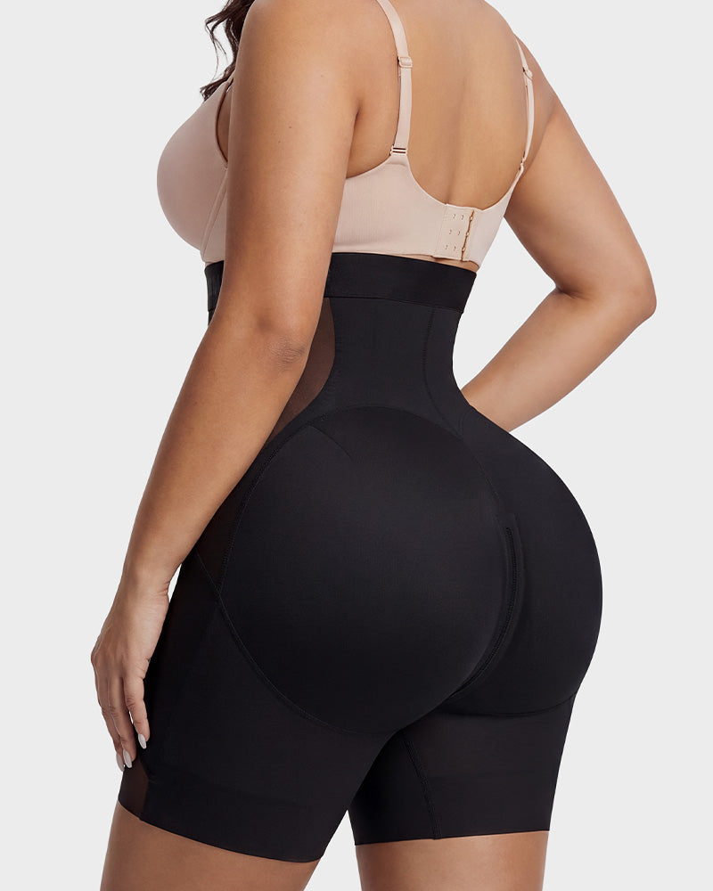 High Waist Zipper Tummy Control Butt Lifting Mid Thigh Mesh Shapewear Shorts
