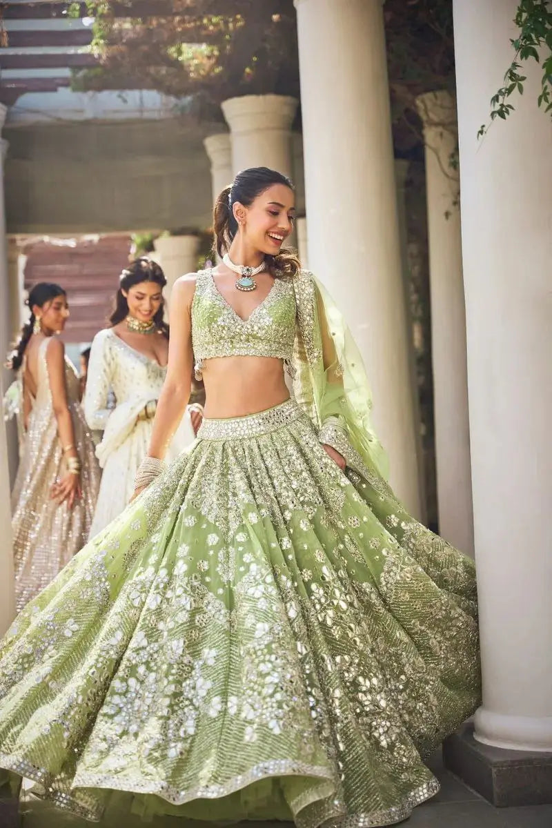 Designer Pista Green Georgette Lehenga With Thread Embroidery Work With Heavy Foil Work | Ready To Wear - qivii