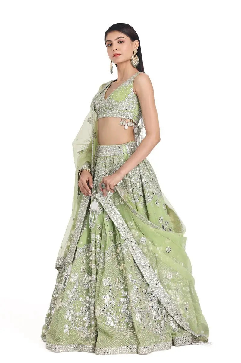 Designer Pista Green Georgette Lehenga With Thread Embroidery Work With Heavy Foil Work | Ready To Wear - qivii