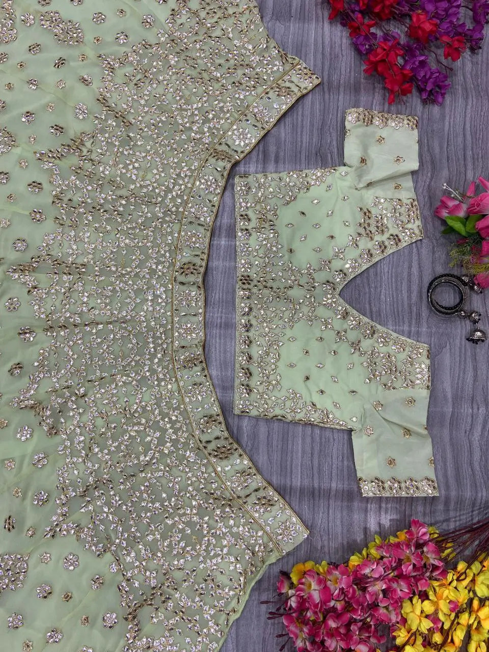 Designer Pista Green Georgette Lehenga With Thread Embroidery Work With Heavy Foil Work | Ready To Wear - qivii