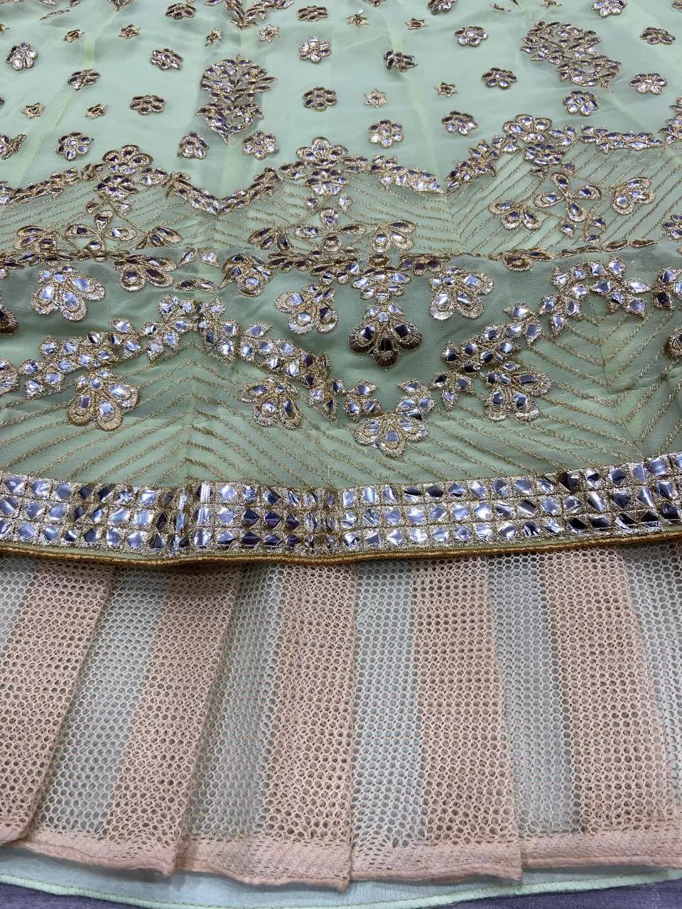 Designer Pista Green Georgette Lehenga With Thread Embroidery Work With Heavy Foil Work | Ready To Wear - qivii
