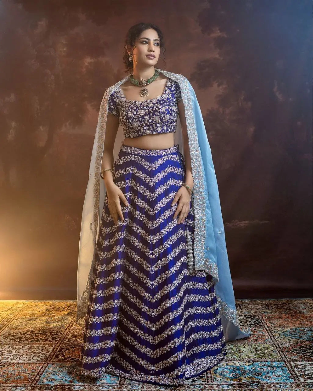 Navy Blue Chinnon Silk Lehenga With Coding Sequins And Embroidery Work | Ready To Wear - qivii