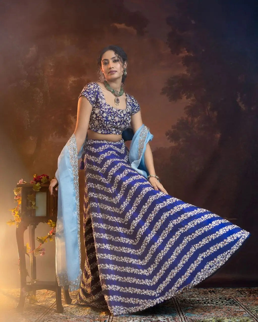 Navy Blue Chinnon Silk Lehenga With Coding Sequins And Embroidery Work | Ready To Wear - qivii