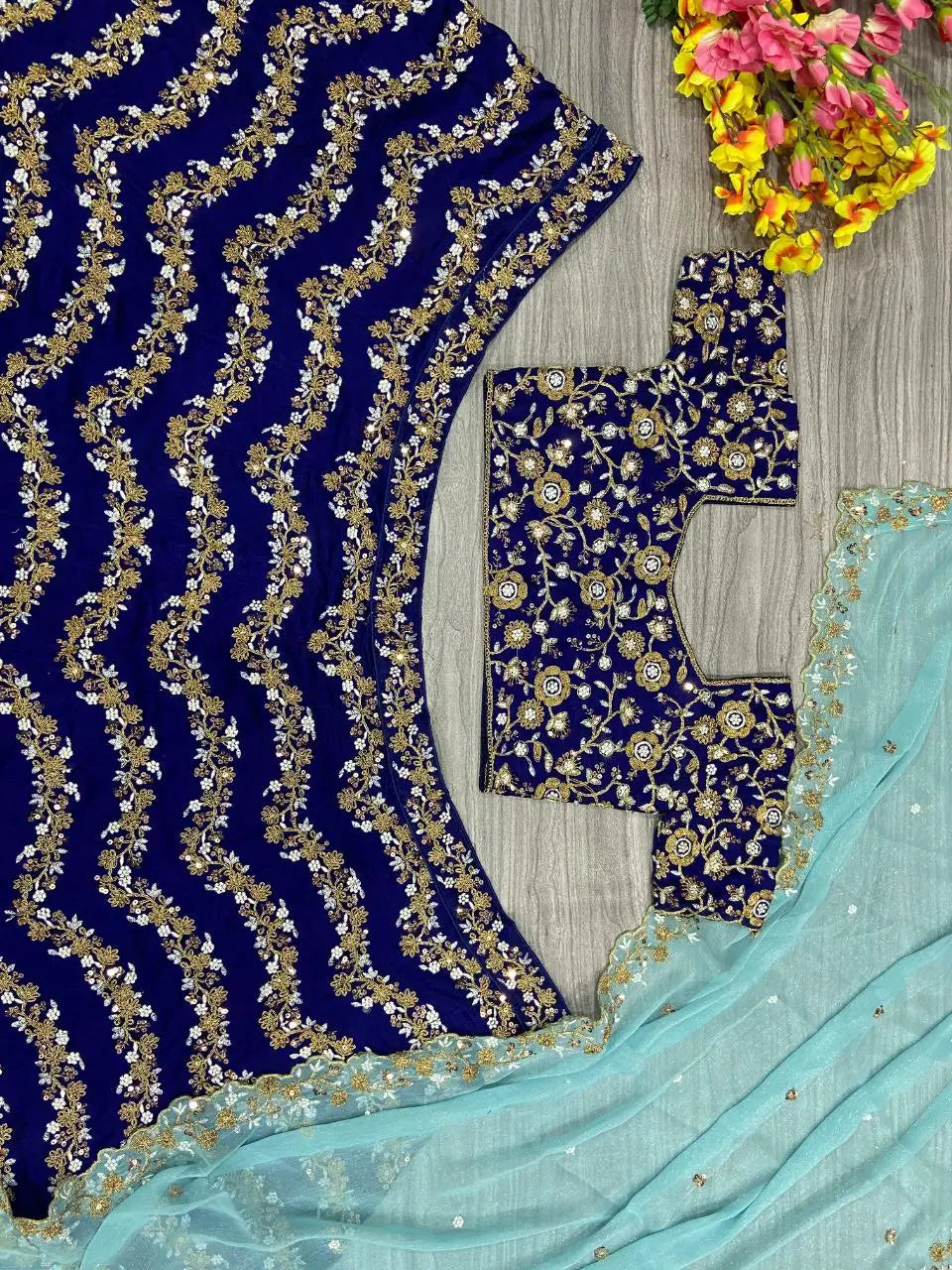 Navy Blue Chinnon Silk Lehenga With Coding Sequins And Embroidery Work | Ready To Wear - qivii