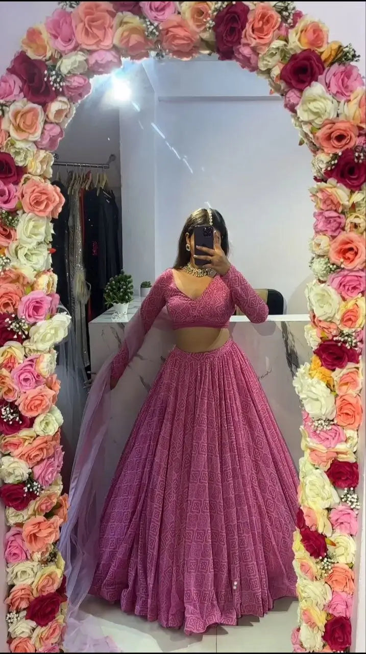 Pink Georgette Digital print With Net Dupatta Lehenga Choli | Ready To Wear - qivii