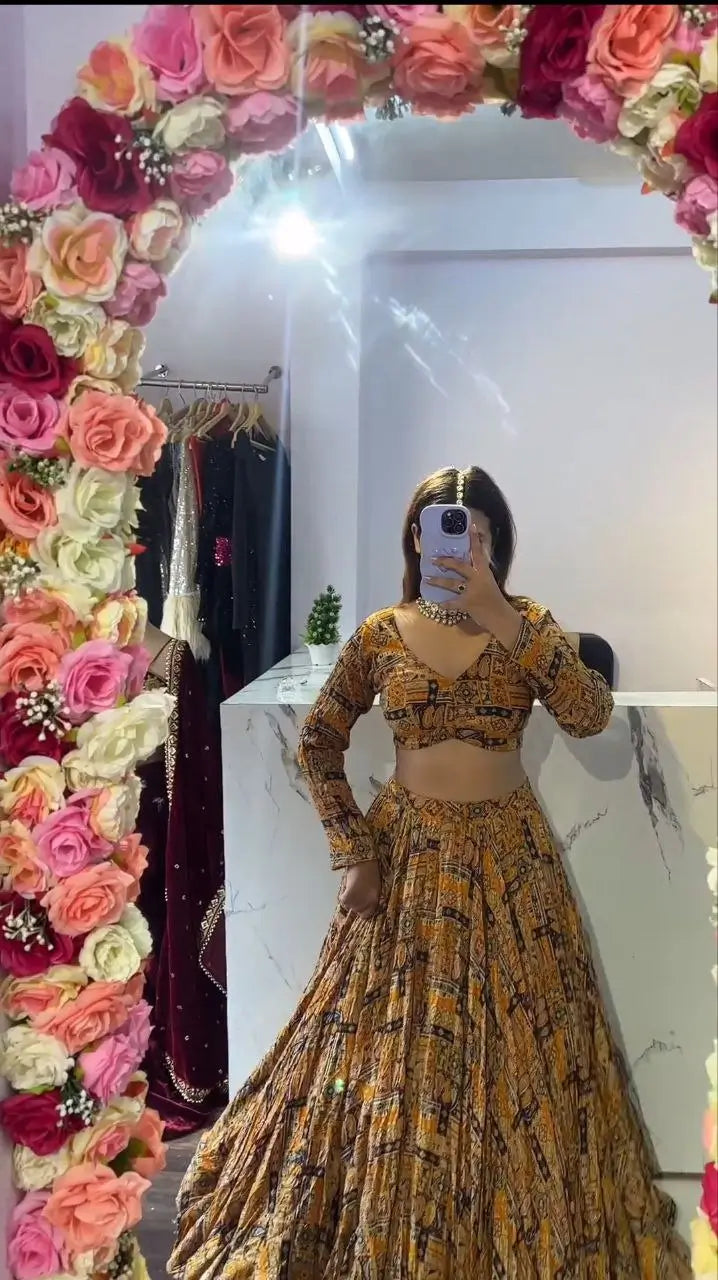 Yellow Chinon Silk Lehenga With Beautiful Digital Print With Plain Dupatta | Ready To Wear - qivii