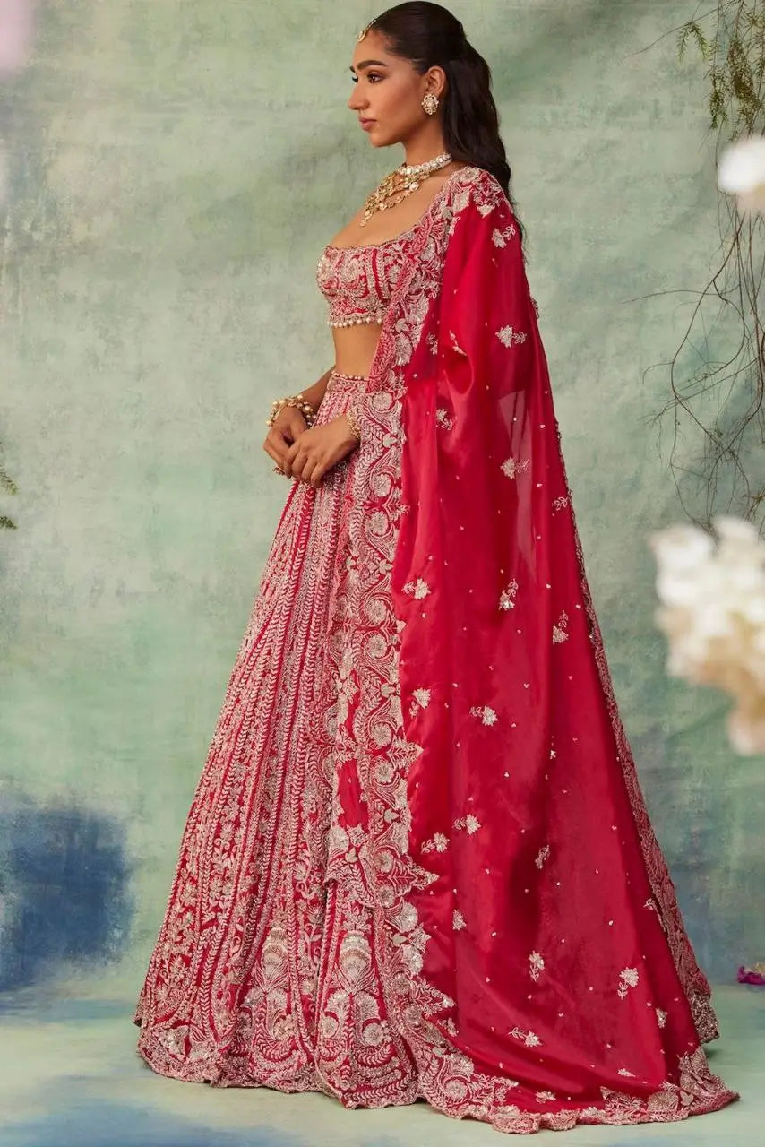 Dark Red Silk Lehenga With Thread Embroidery Coding And Heavy Sequins Work