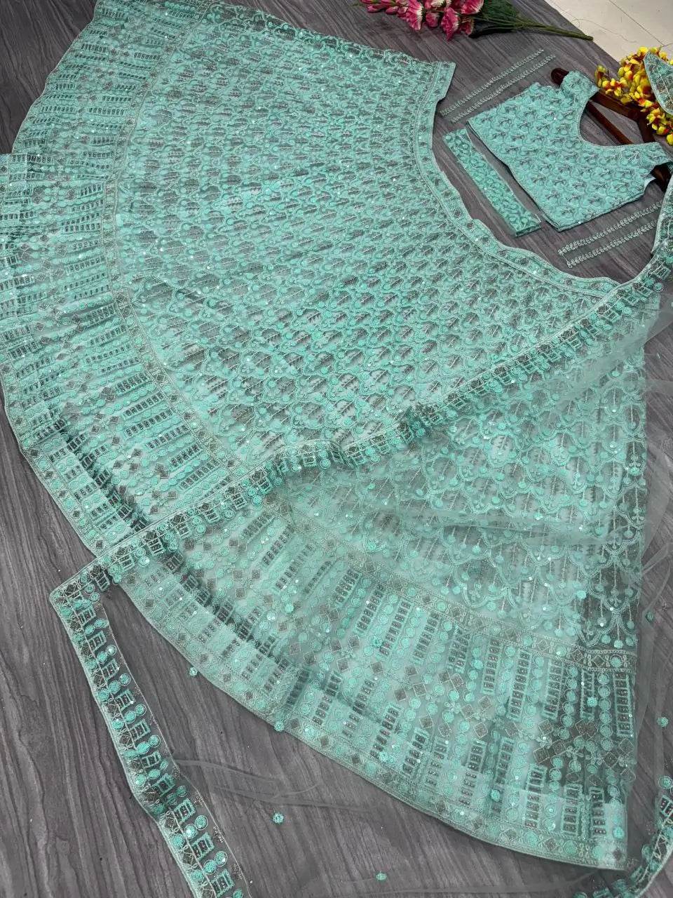 Greyish Teal Blue Net Lehenga With Heavy Embroidery Sequins Work Coding Work