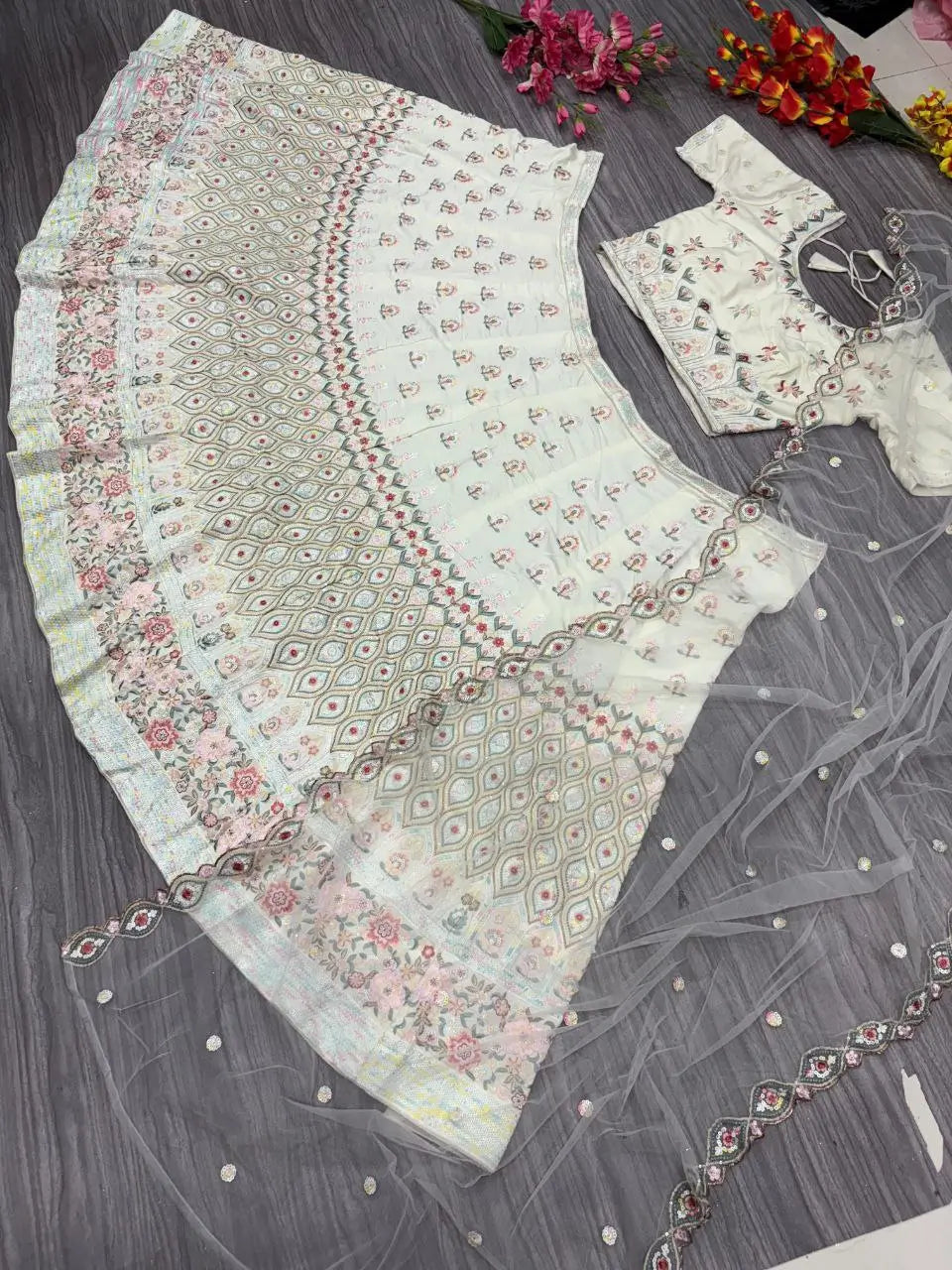 White Georgette Lehenga With Multi Color Thread Embroidery Dori And Sequins Work | Ready To Wear - qivii
