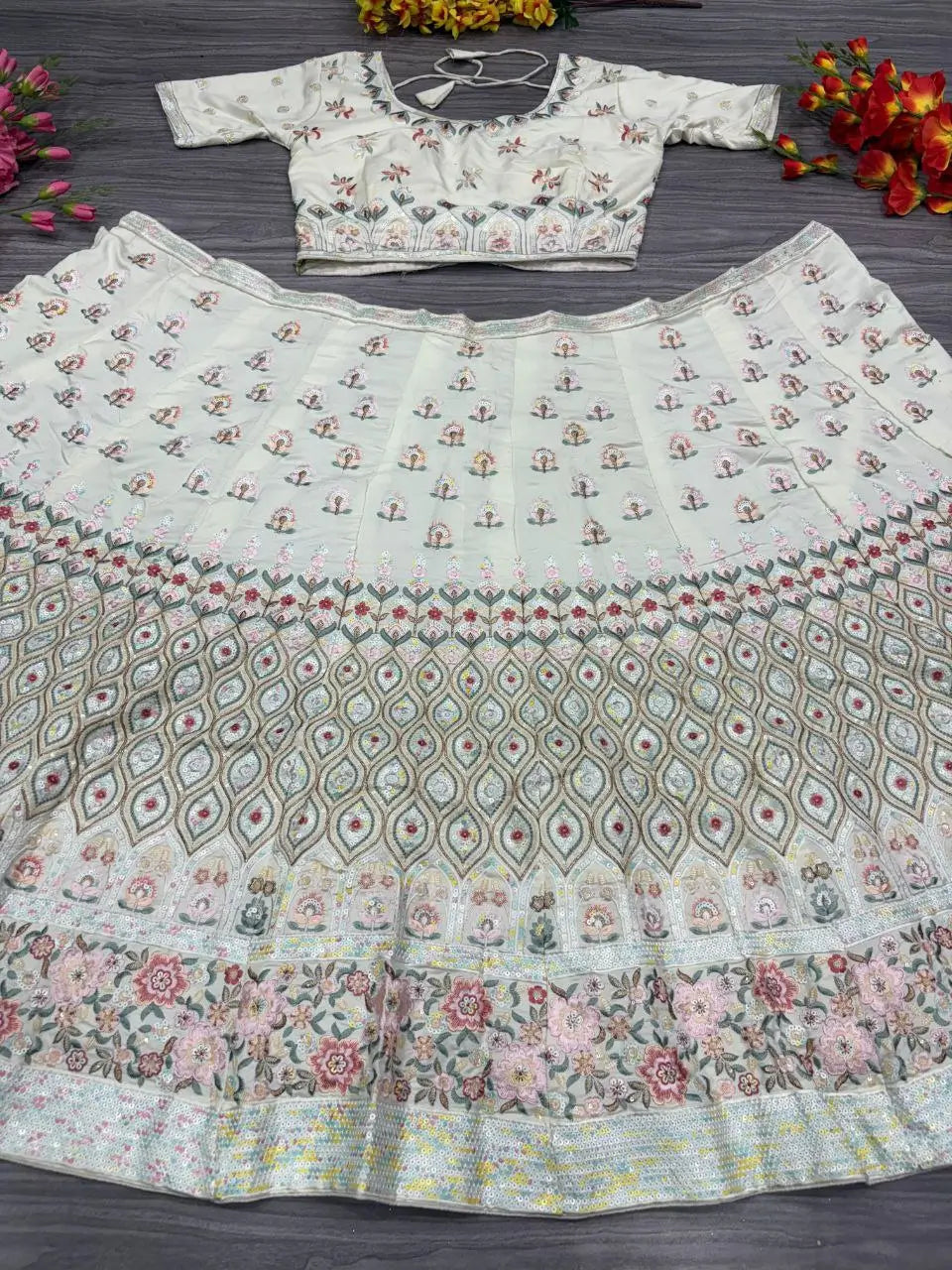 White Georgette Lehenga With Multi Color Thread Embroidery Dori And Sequins Work | Ready To Wear - qivii