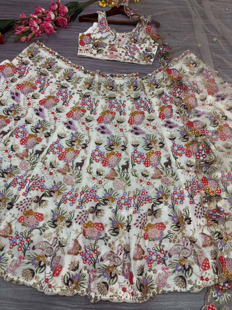 Multi Color Georgette Lehenga With Thread Embroidery Coding Zari Heavy Sequins Work | Ready To Wear - qivii